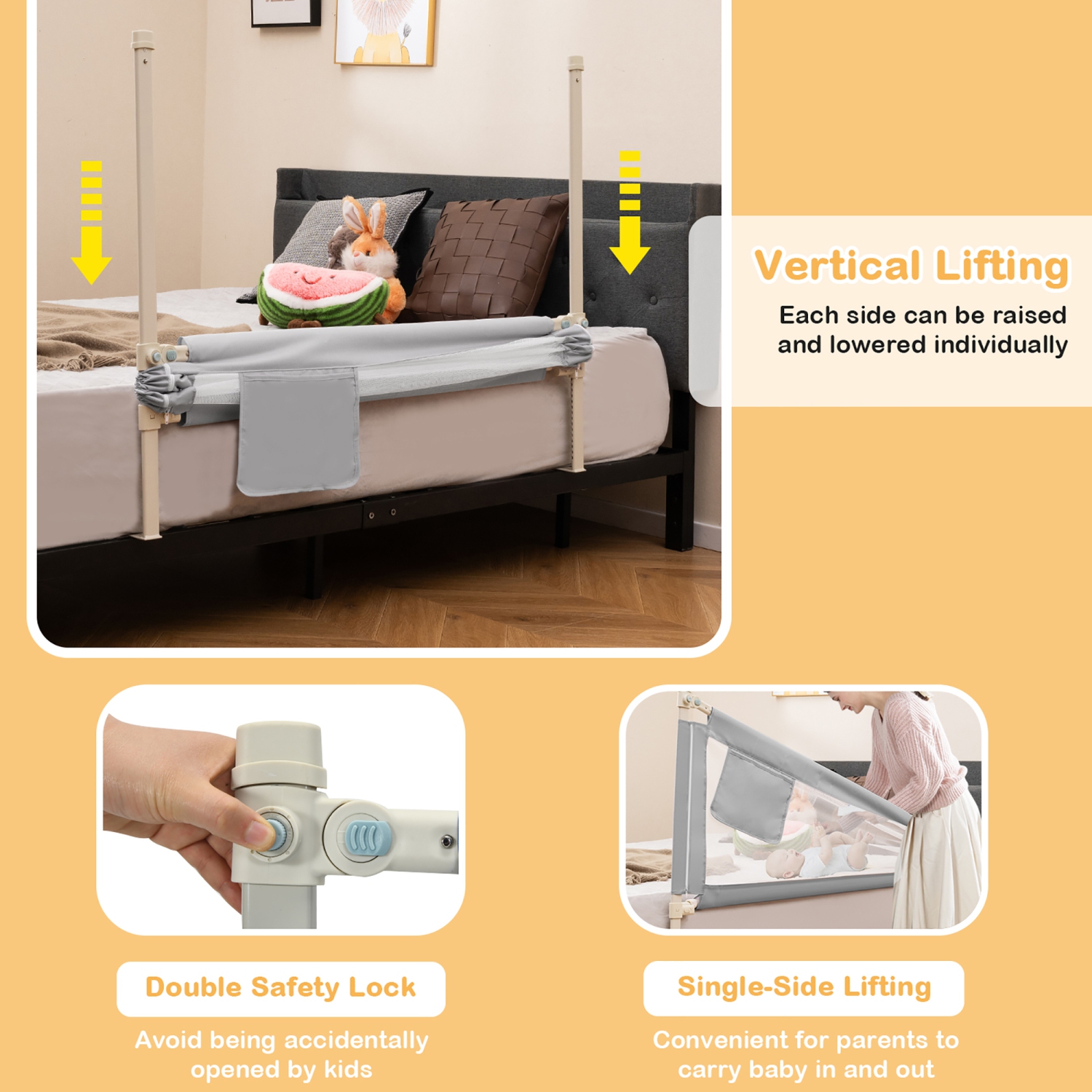 Gymax 47'' Bed Rails for Toddlers Vertical Lifting Baby Bed Rail Guard w/ Lock Gray