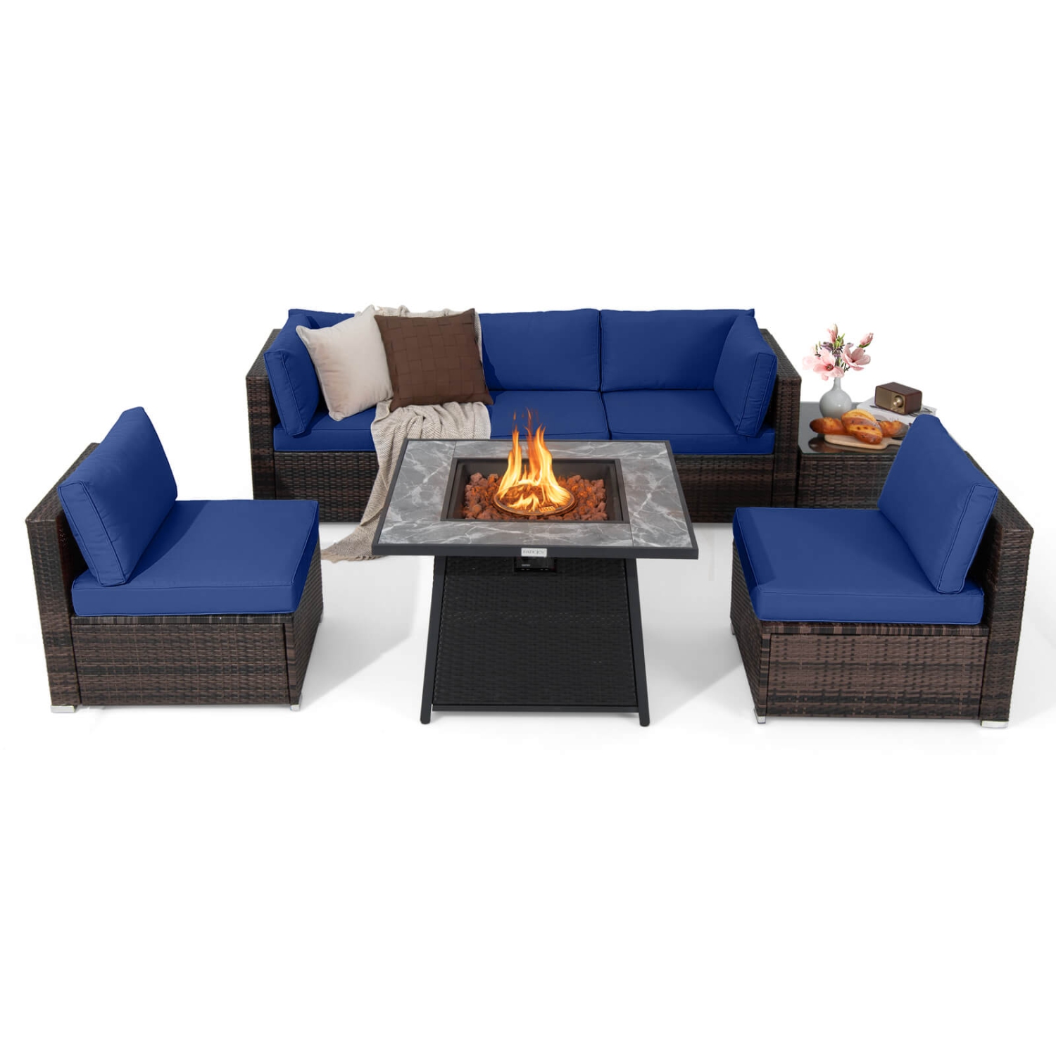 Gymax Set of 7 Patio Furniture Set w/ 35'' Propane Gas Fire Pit Table & Waterproof Cover