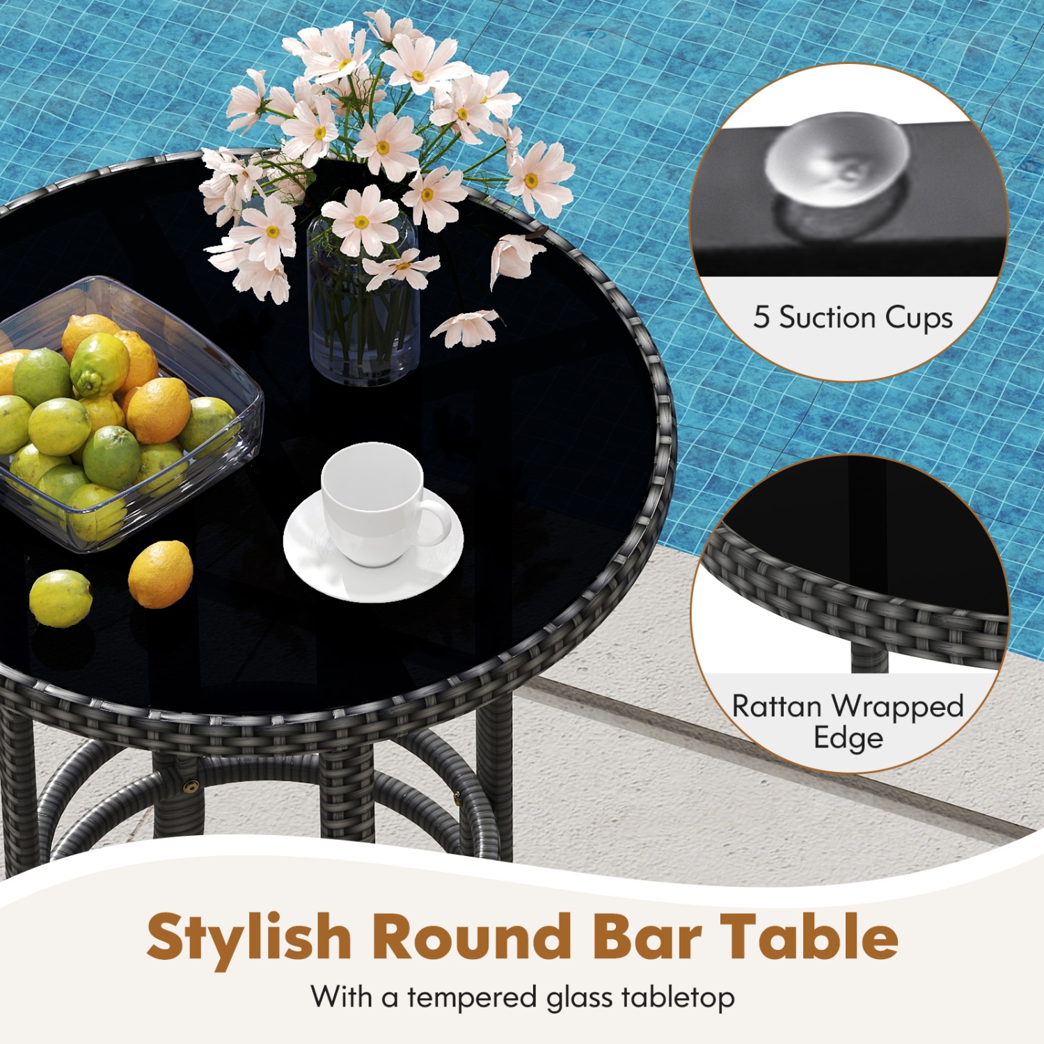 Gymax 3-Piece Patio Bar Set Outdoor Wicker Bar Height Round Table & Armchairs Set