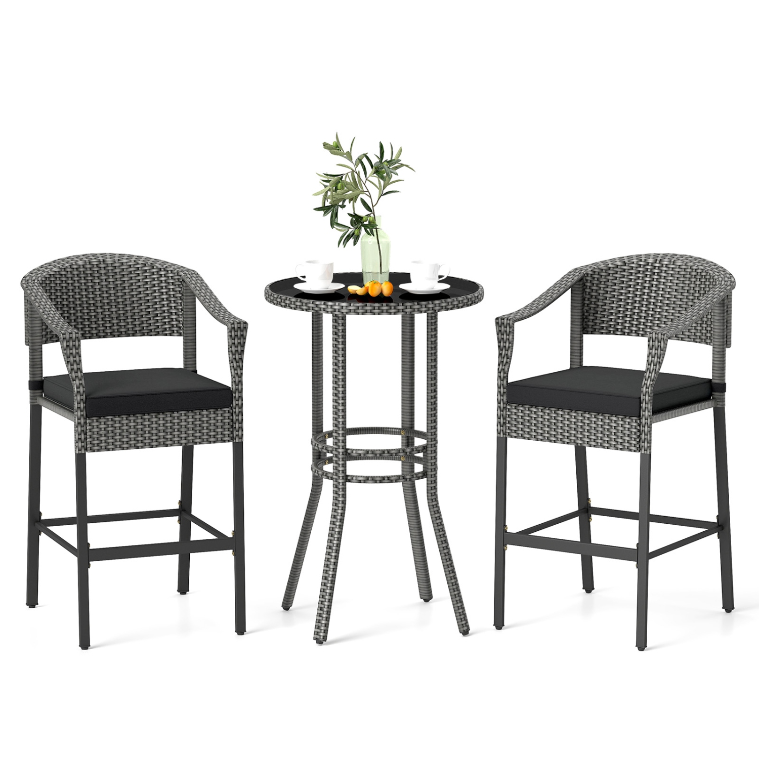 Gymax 3-Piece Patio Bar Set Outdoor Wicker Bar Height Round Table & Armchairs Set