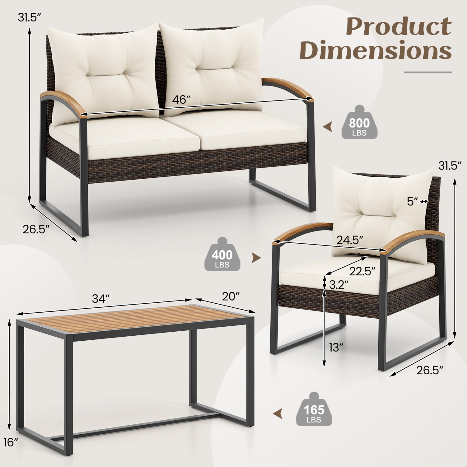Gymax Set Of 4 Patio Conversation Set w/ Coffee Table Solid Acacia Wood Armrests Tabletop