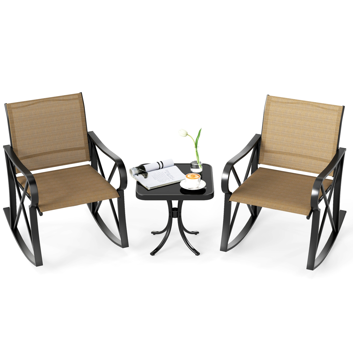 Gymax 3 Piece Patio Rocking Set 2 Rocking Chairs w/ Tempered Glass Side Table