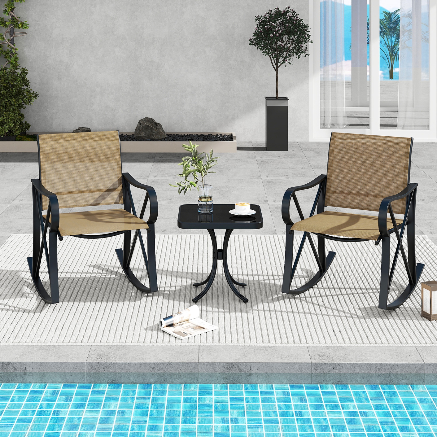 Gymax 3 Piece Patio Rocking Set 2 Rocking Chairs w/ Tempered Glass Side Table