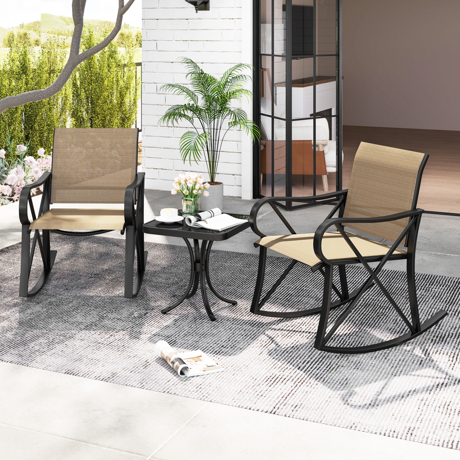 Gymax 3 Piece Patio Rocking Set 2 Rocking Chairs w/ Tempered Glass Side Table