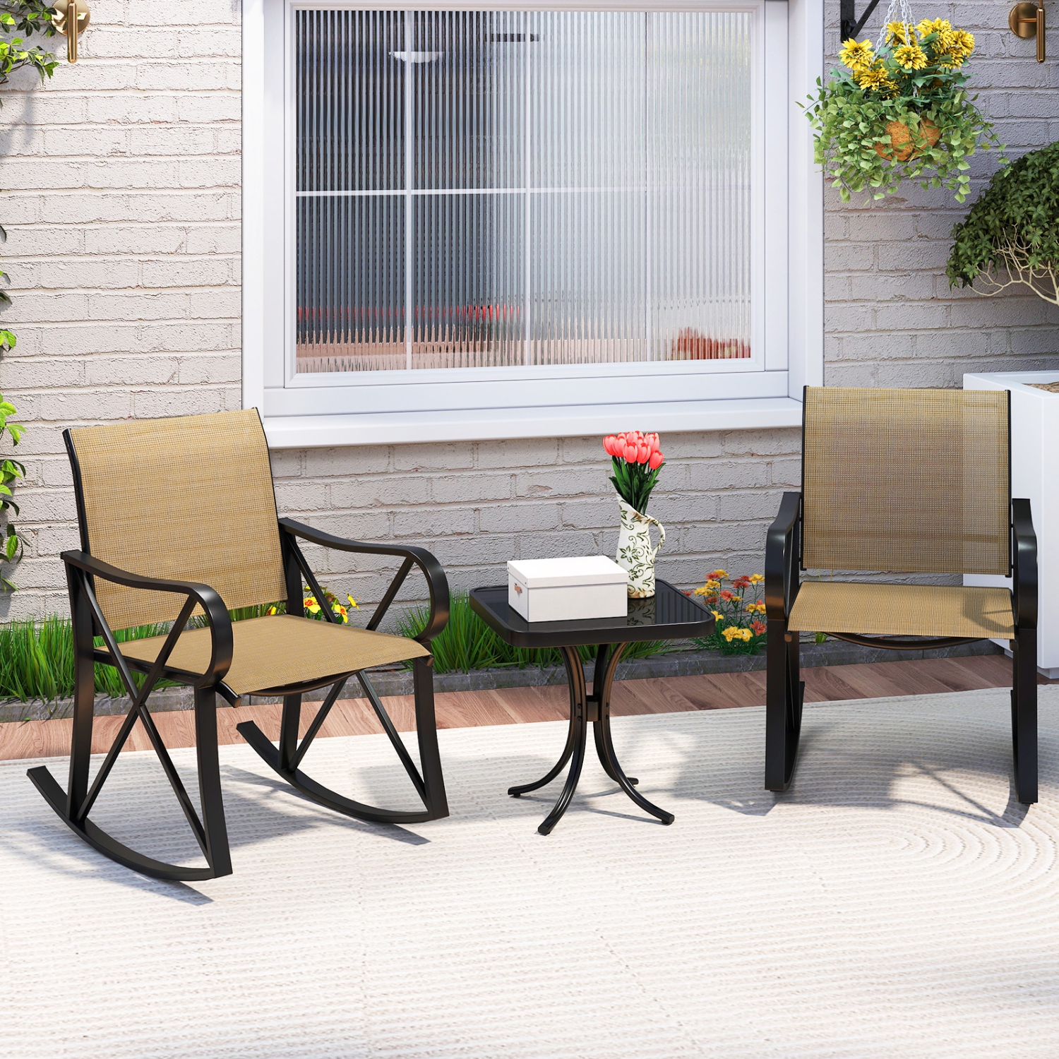 Gymax 3 Piece Patio Rocking Set 2 Rocking Chairs w/ Tempered Glass Side Table