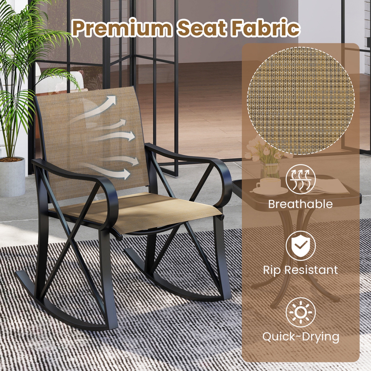 Gymax 3 Piece Patio Rocking Set 2 Rocking Chairs w/ Tempered Glass Side Table