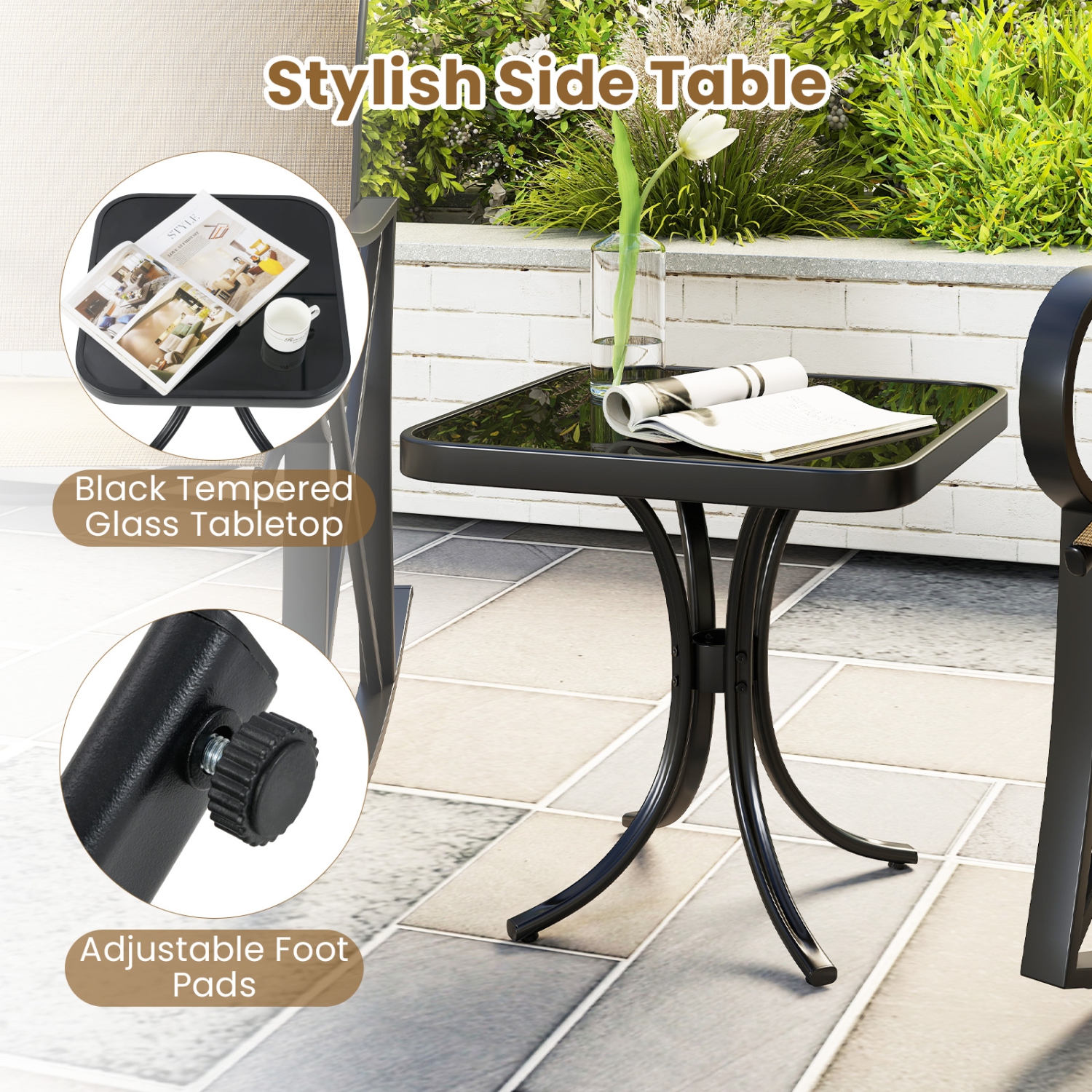 Gymax 3 Piece Patio Rocking Set 2 Rocking Chairs w/ Tempered Glass Side Table
