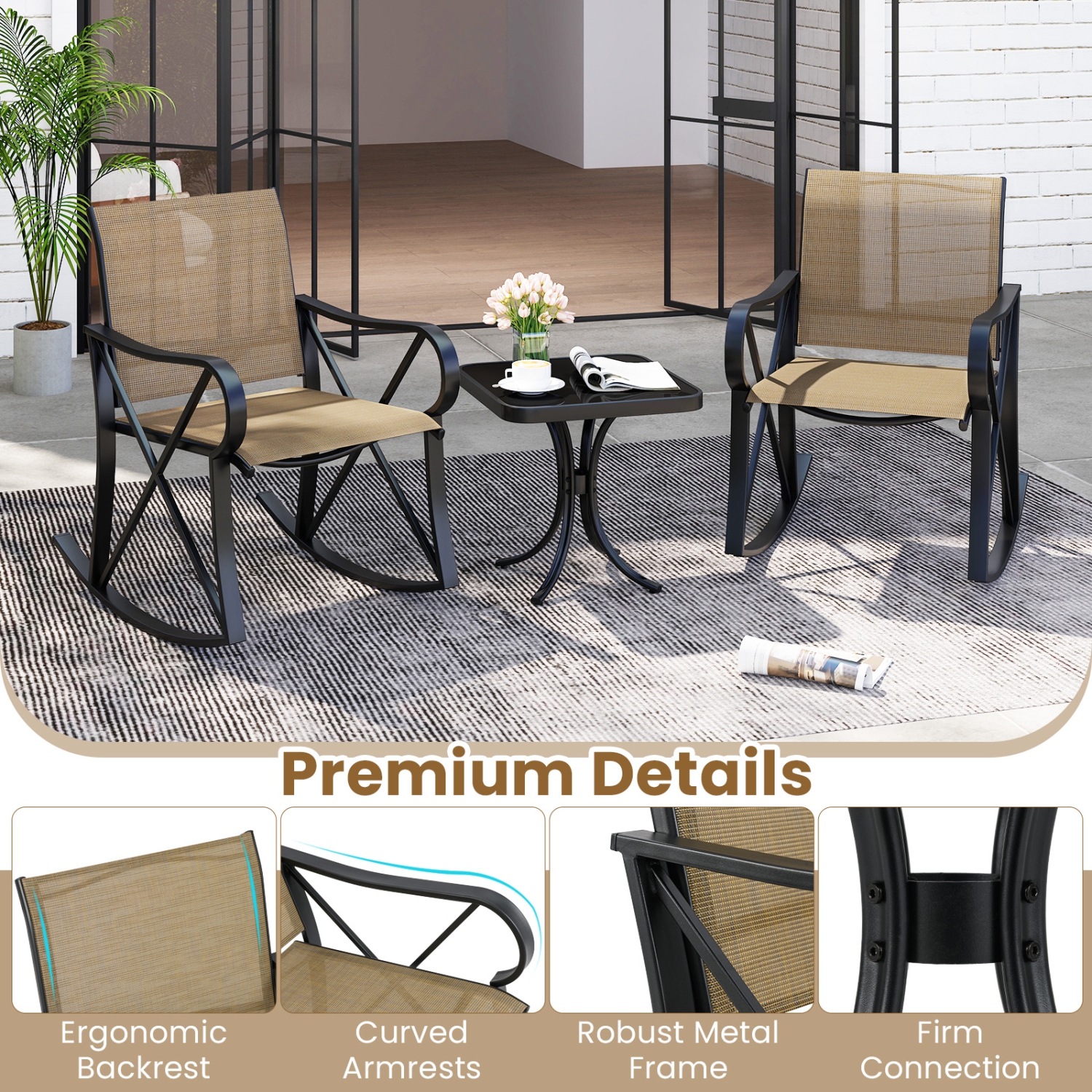 Gymax 3 Piece Patio Rocking Set 2 Rocking Chairs w/ Tempered Glass Side Table