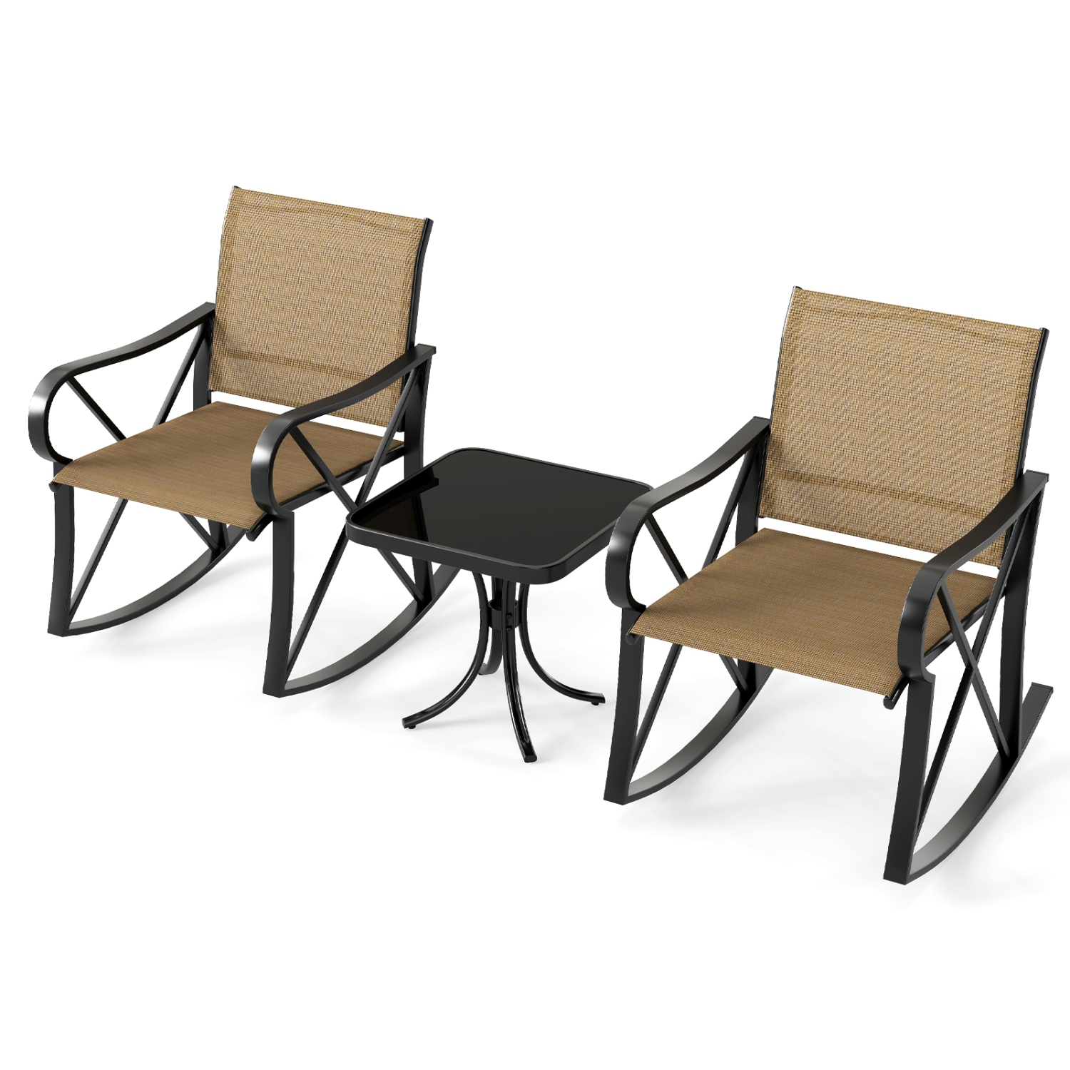 Gymax 3 Piece Patio Rocking Set 2 Rocking Chairs w/ Tempered Glass Side Table