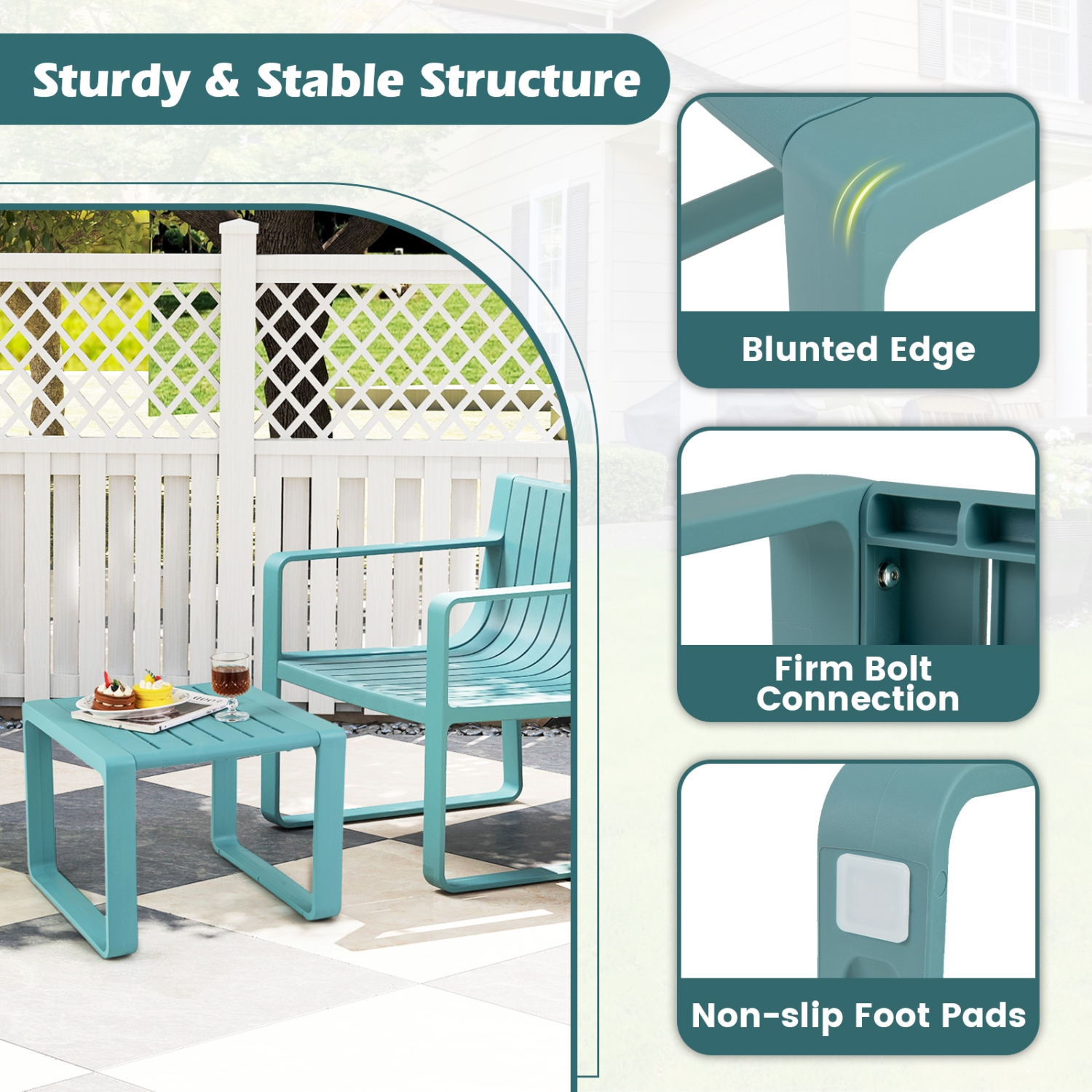Gymax 3 PCS Patio Furniture Set w/1 Loveseat & 2 Side Tables All-Weather Bistro Set Blue