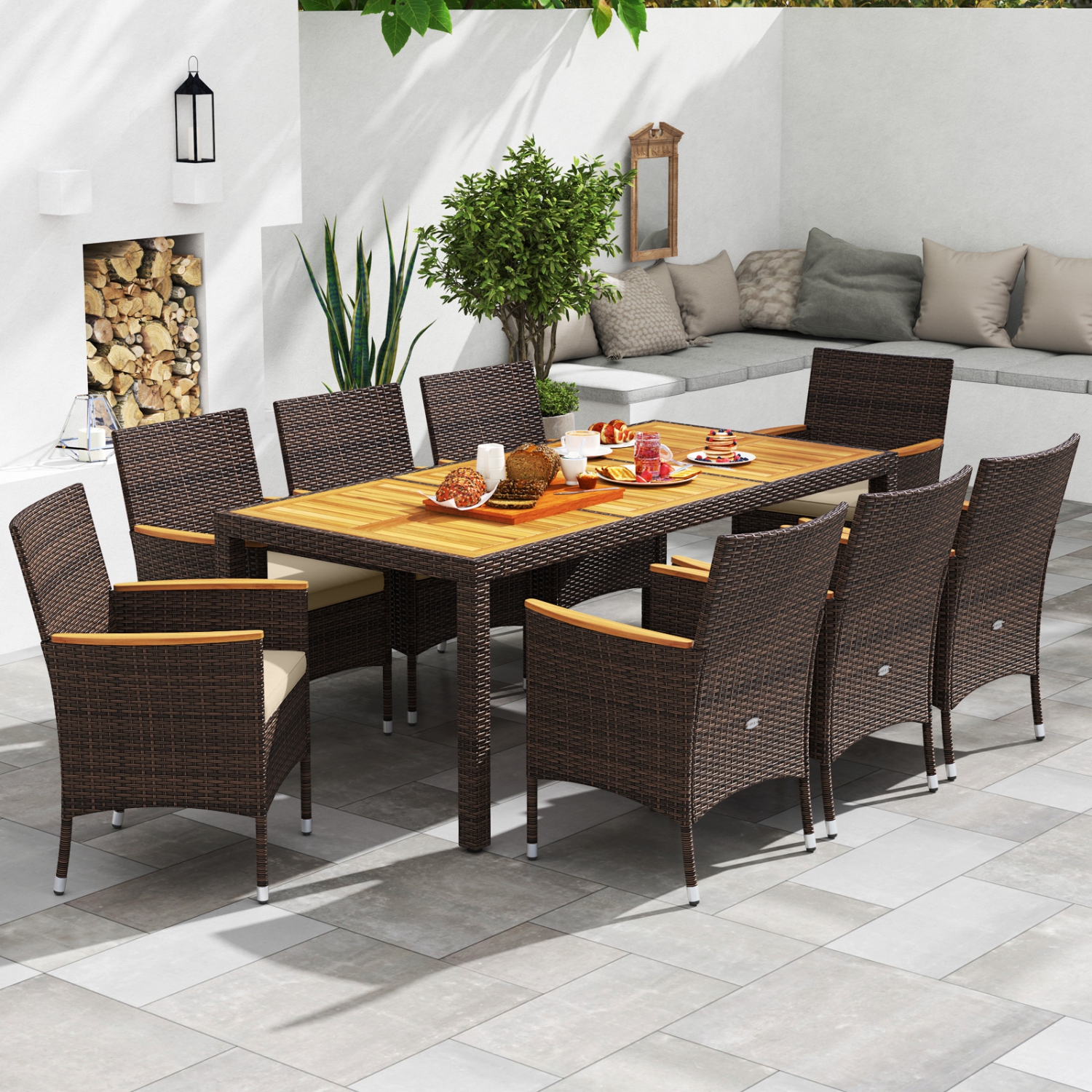 Gymax 9 Pieces Patio PE Wicker Dining Set Outdoor Acacia Wood Table & Chairs