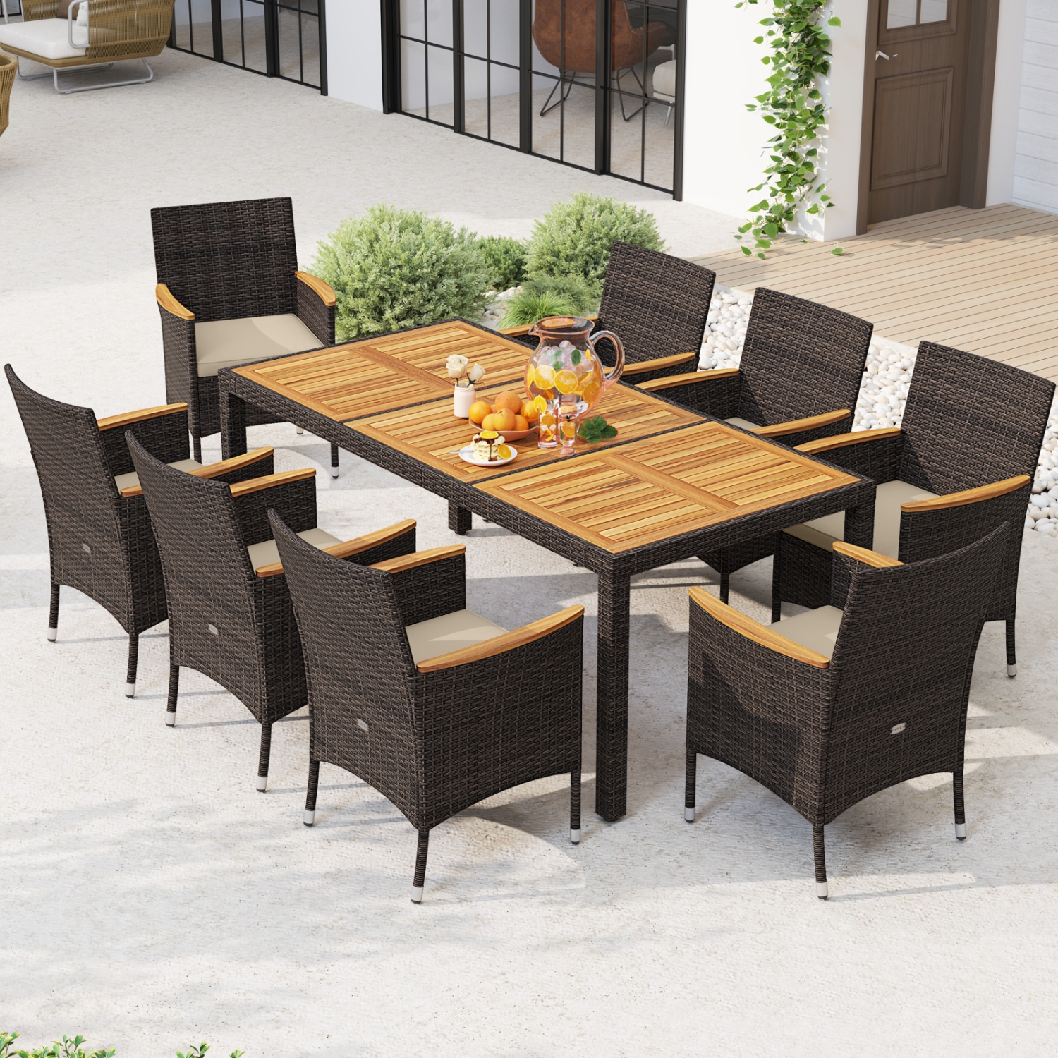 Gymax 9 Pieces Patio PE Wicker Dining Set Outdoor Acacia Wood Table & Chairs