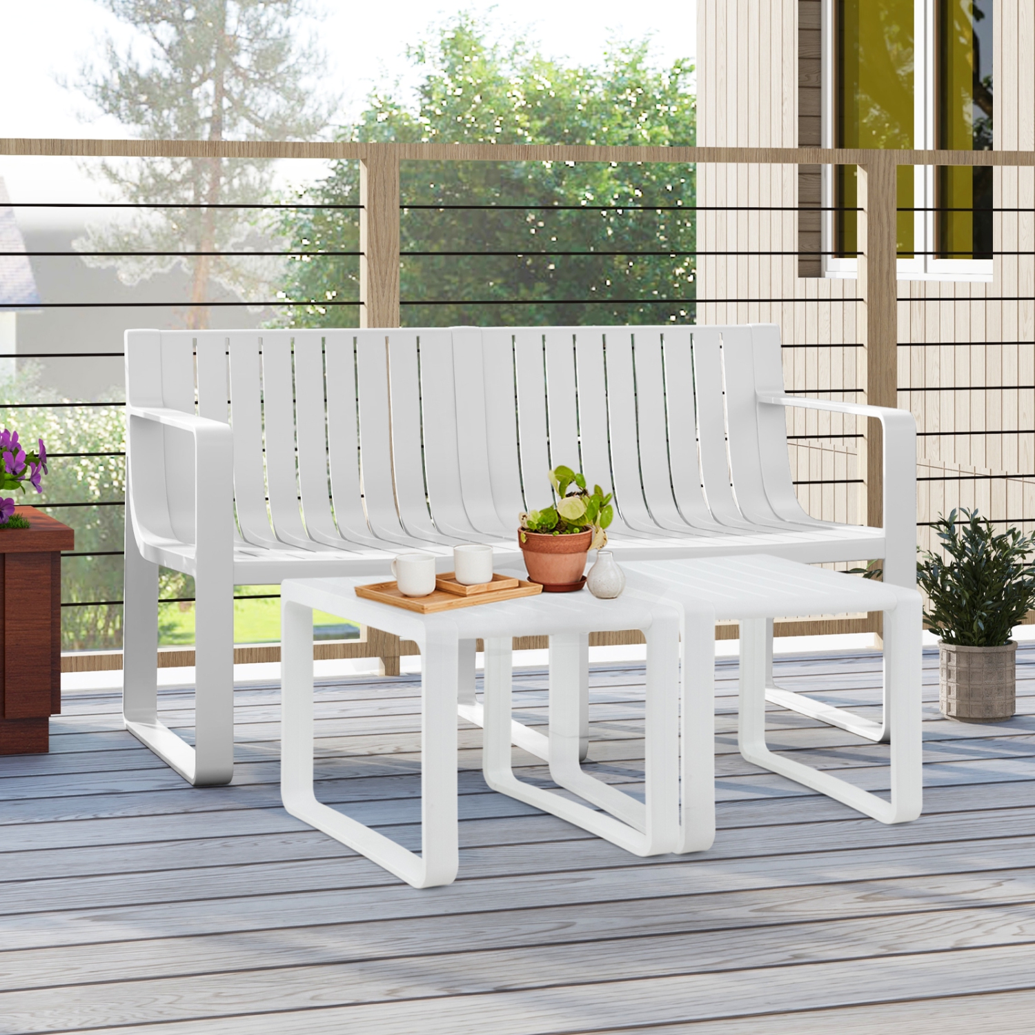 Gymax 3 PCS Patio Furniture Set w/1 Loveseat & 2 Side Tables All-Weather Bistro Set White