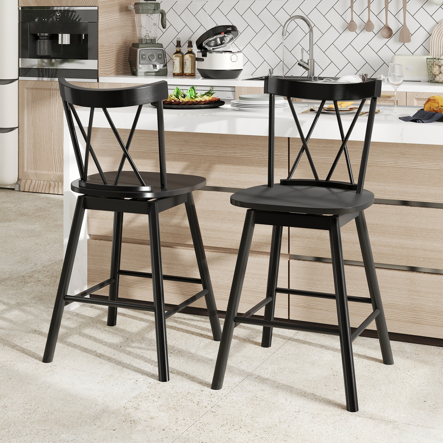 Gymax Windsor Bar Stool Set of 2 24'' Swivel Rubber Wood Dining Chairs Spacious Seat Black