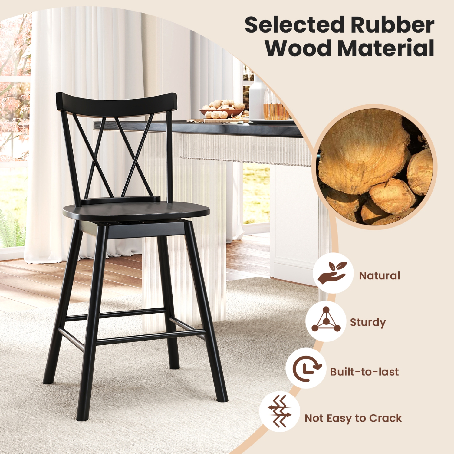 Gymax Windsor Bar Stool Set of 2 24'' Swivel Rubber Wood Dining Chairs Spacious Seat Black