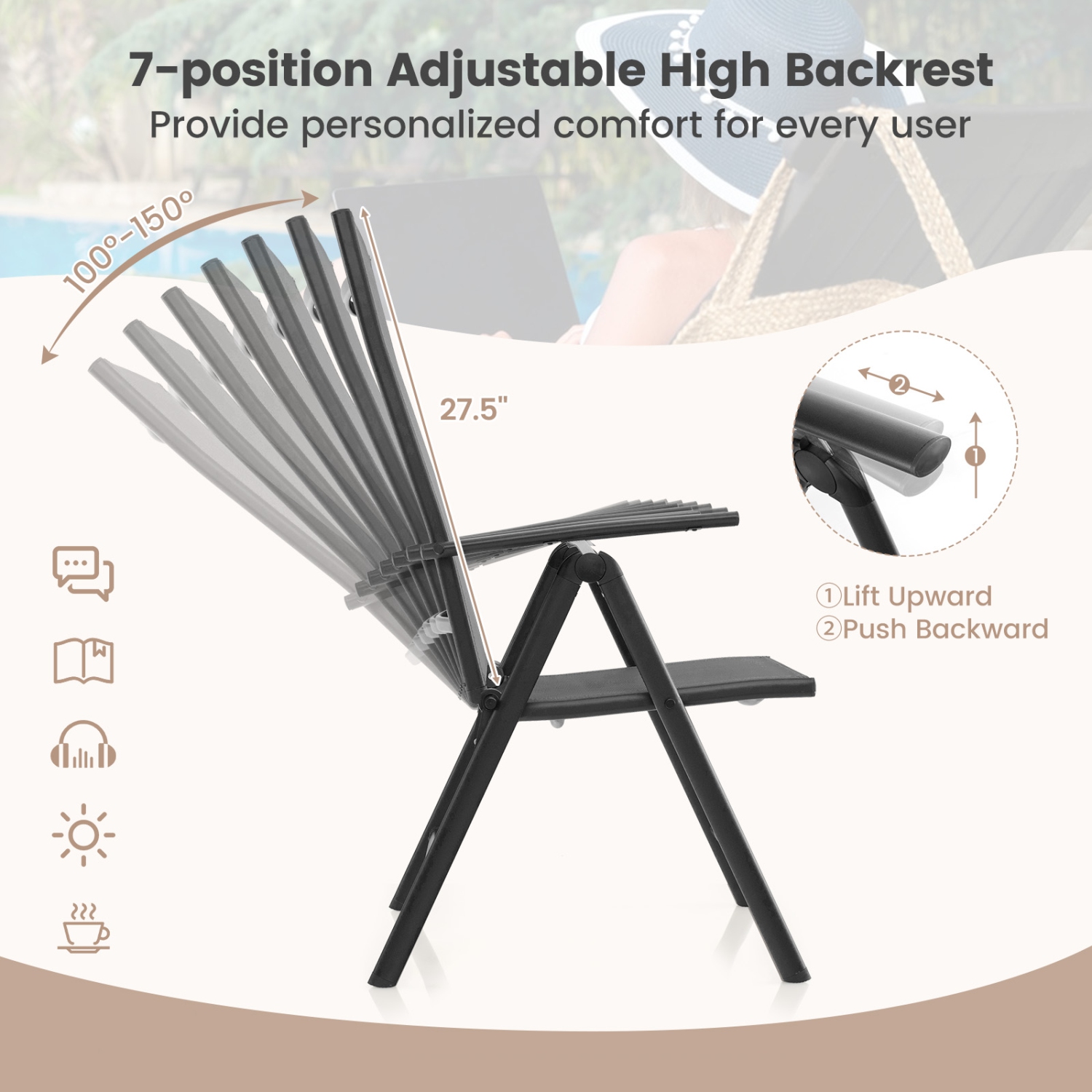 Gymax 4PCS Patio Folding Dining Chair w/ 7-Level Adjustable High Backrest for Garden