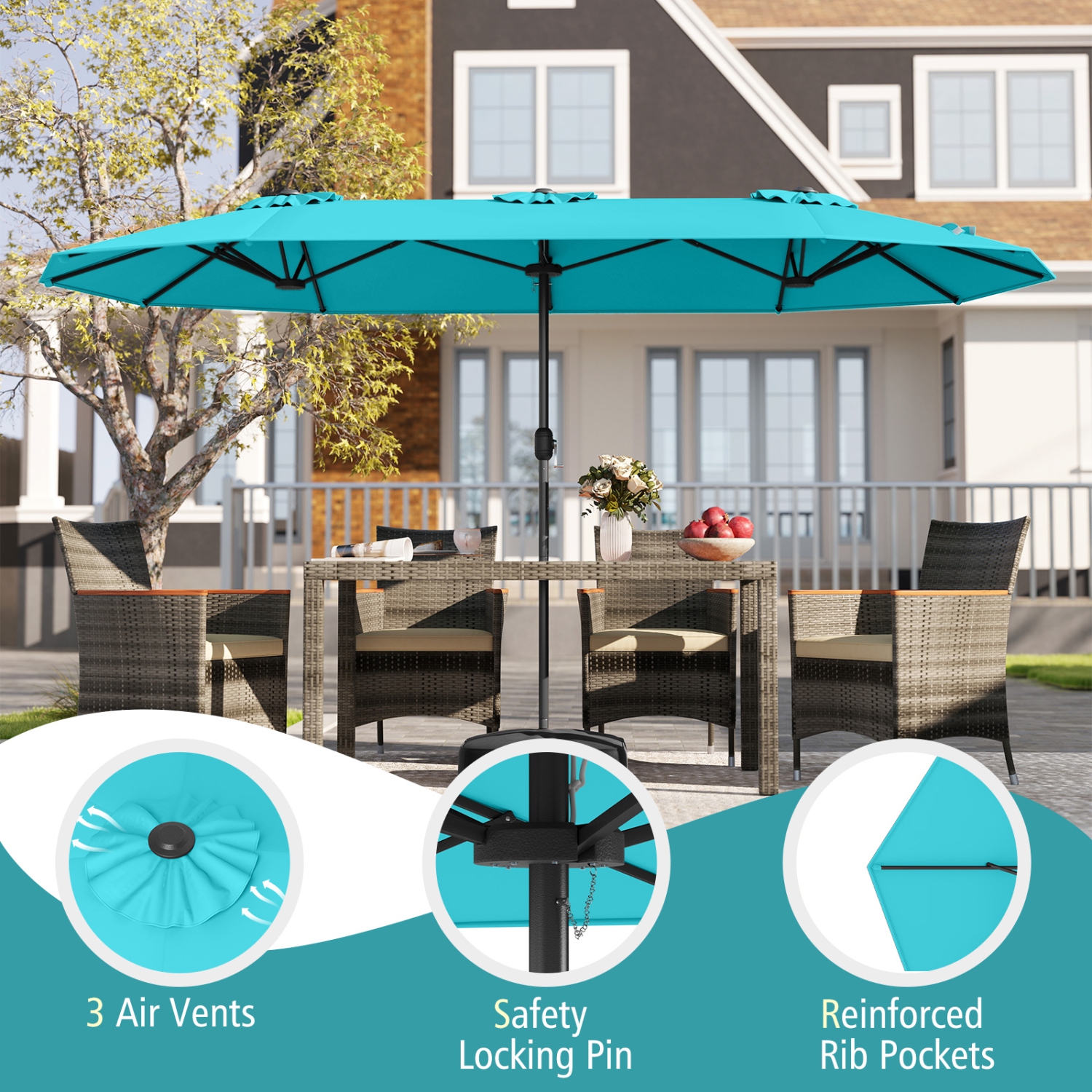 Gymax 13FT Double-sided Patio Umbrella w/ Crank Handle Umbrella Base Safety Lock