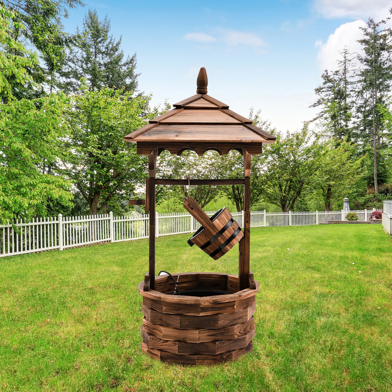 Gymax Rustic Wishing Well Fountain Outdoor Patio Wooden Water Fountain w/ Electric Pump