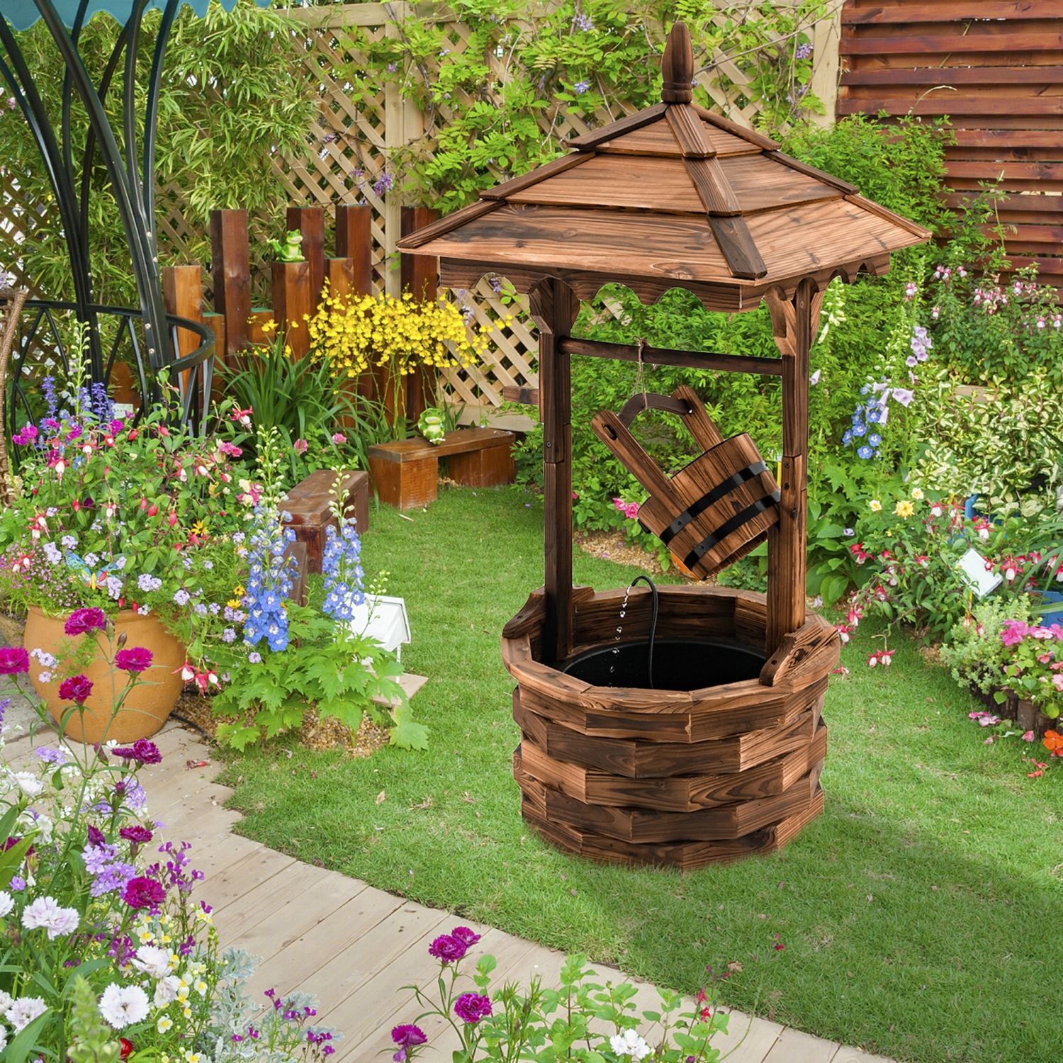 Gymax Rustic Wishing Well Fountain Outdoor Patio Wooden Water Fountain w/ Electric Pump