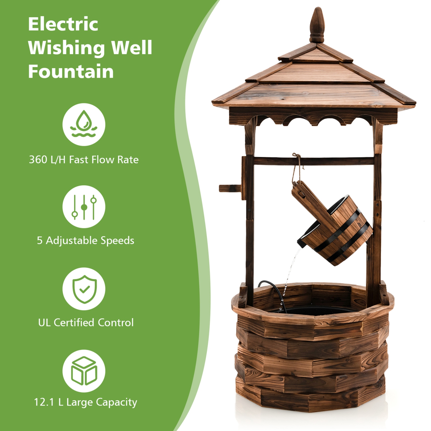 Gymax Rustic Wishing Well Fountain Outdoor Patio Wooden Water Fountain w/ Electric Pump