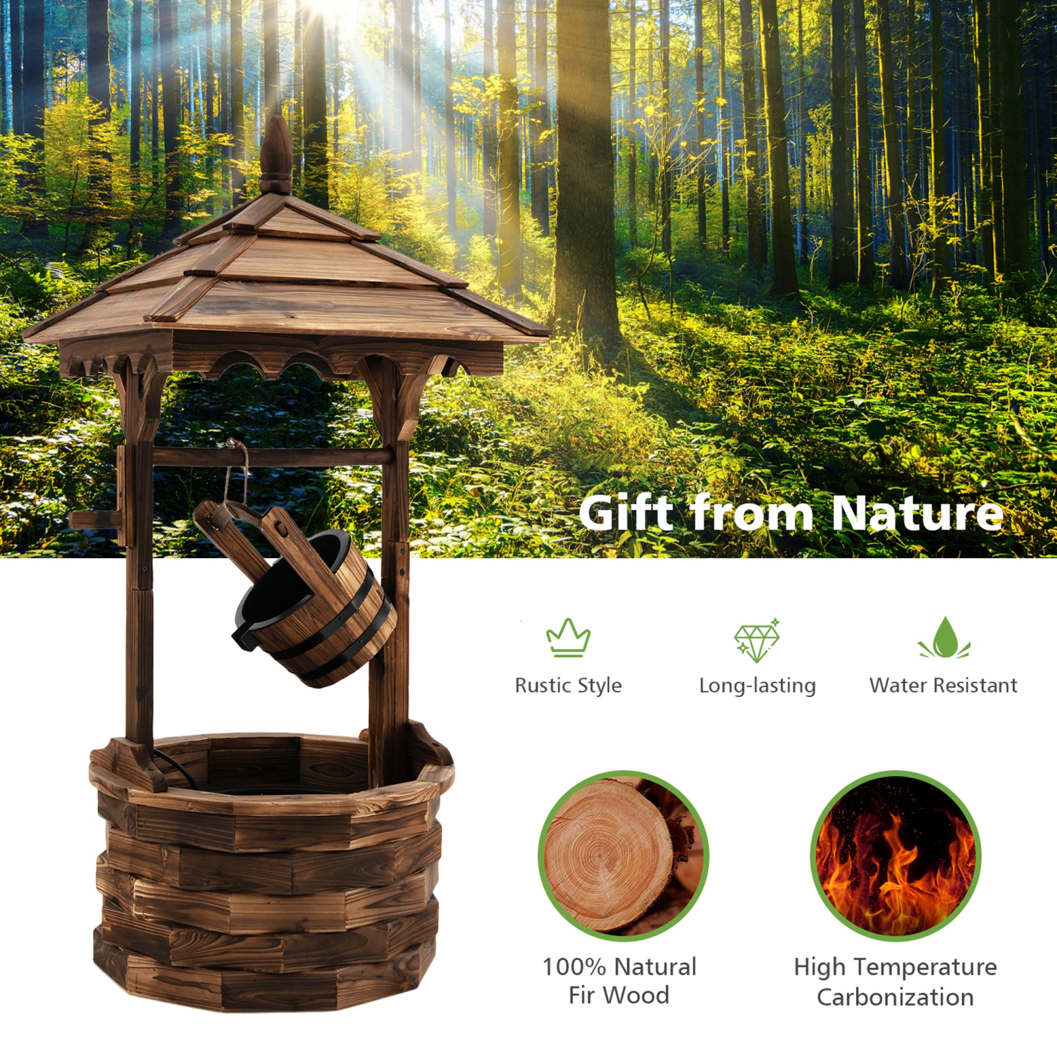 Gymax Rustic Wishing Well Fountain Outdoor Patio Wooden Water Fountain w/ Electric Pump