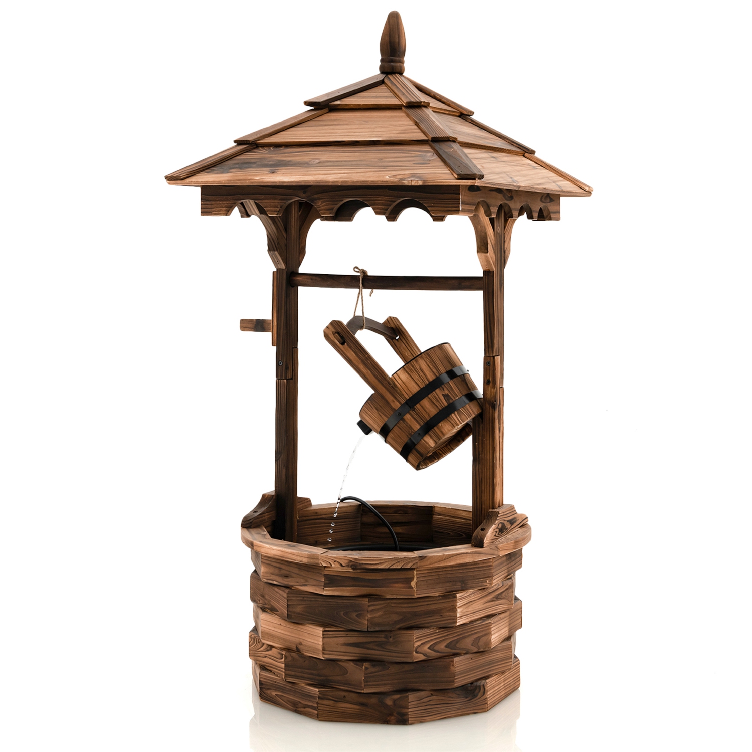 Gymax Rustic Wishing Well Fountain Outdoor Patio Wooden Water Fountain w/ Electric Pump