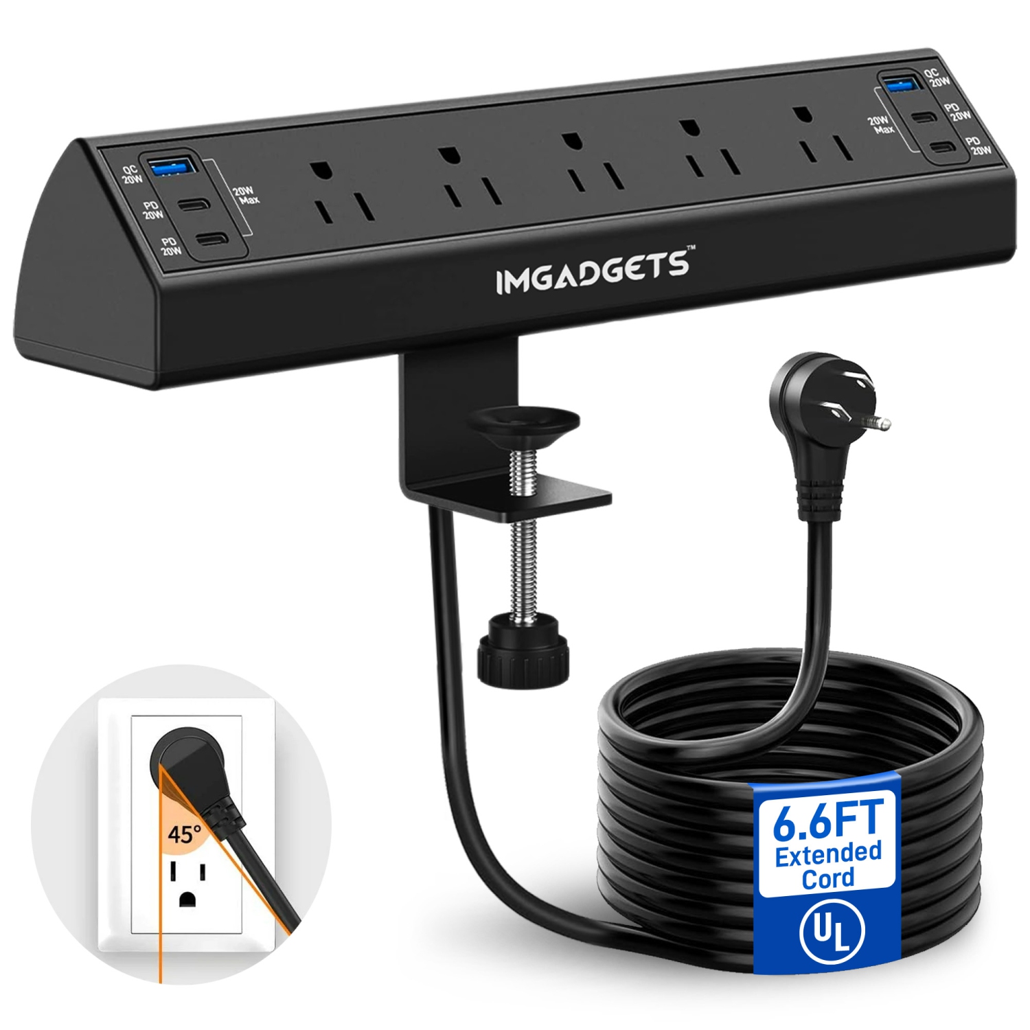 IMGadgets Desk Clamp Power Bar | 5 AC Outlets Charging Station | 20W Fast Charging | 6 USB Ports (2 USB-A,4 USB-C) | 900J Surge Protector | 6.6ft Extension Cord | 45° Flat Plug