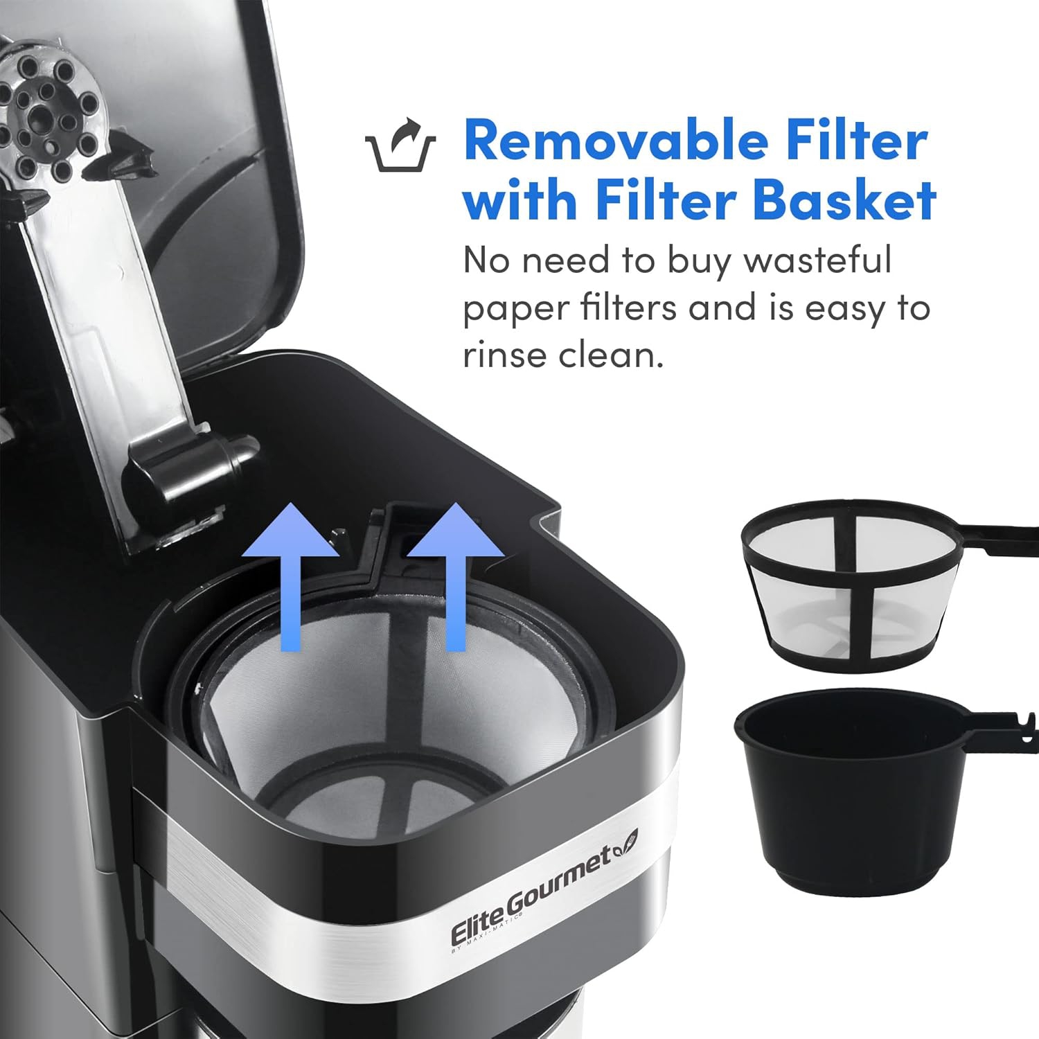 Elite Gourmet Personal Single-Serve Coffee Maker with 14oz Travel Mug and Reusable Filter, Black