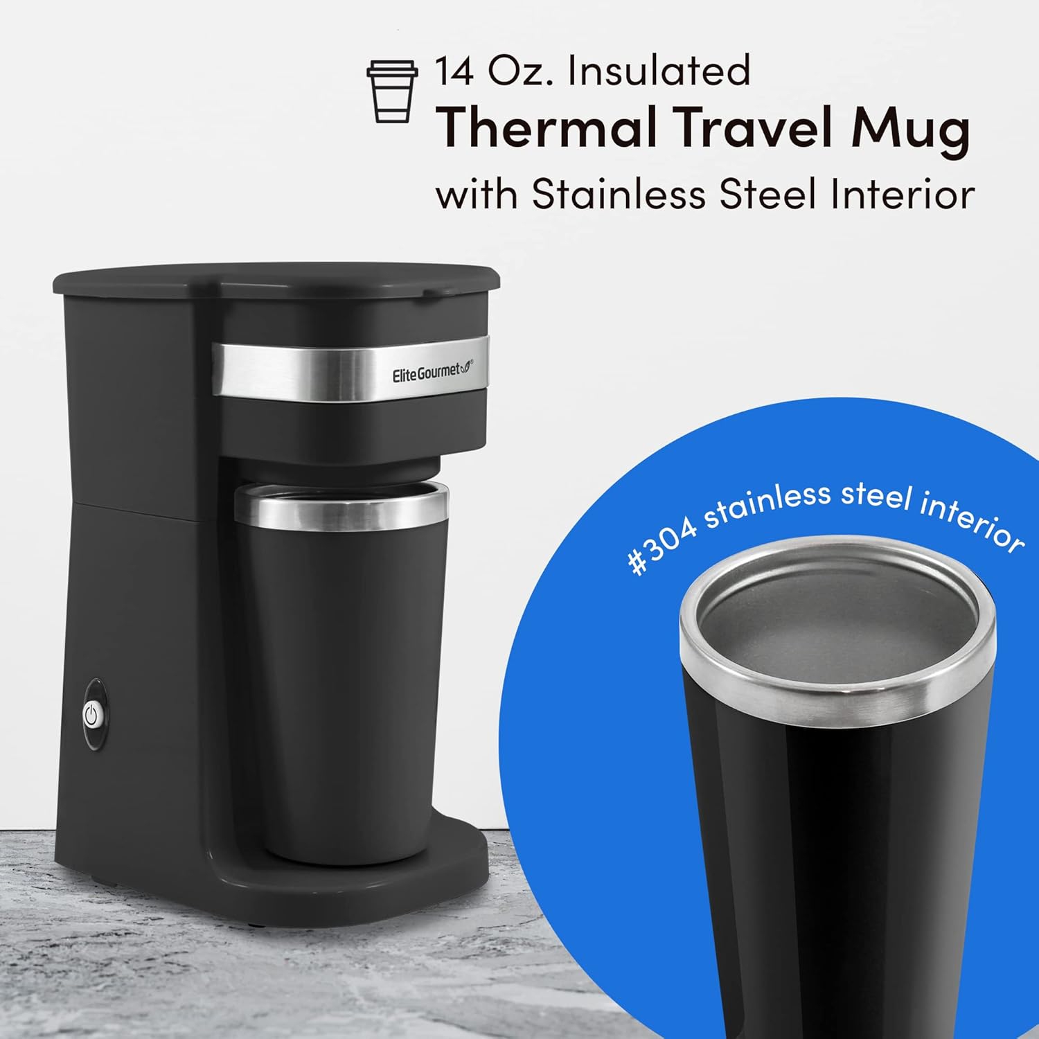 Elite Gourmet Personal Single-Serve Coffee Maker with 14oz Travel Mug and Reusable Filter, Black