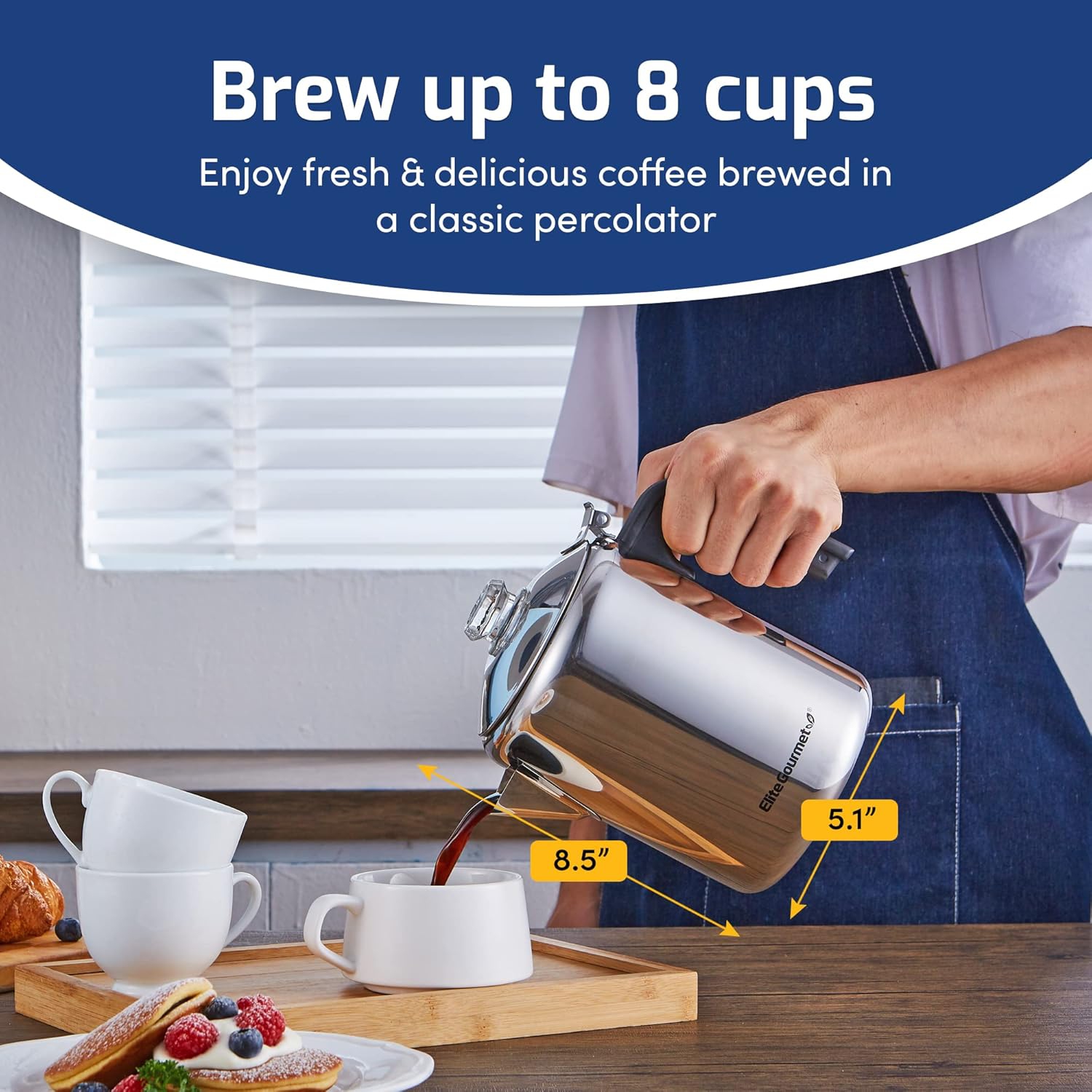 Elite Gourmet 8-Cup Stovetop Coffee Percolator, Stainless Steel, Cool-Touch Handle, Glass Brew Progress Knob
