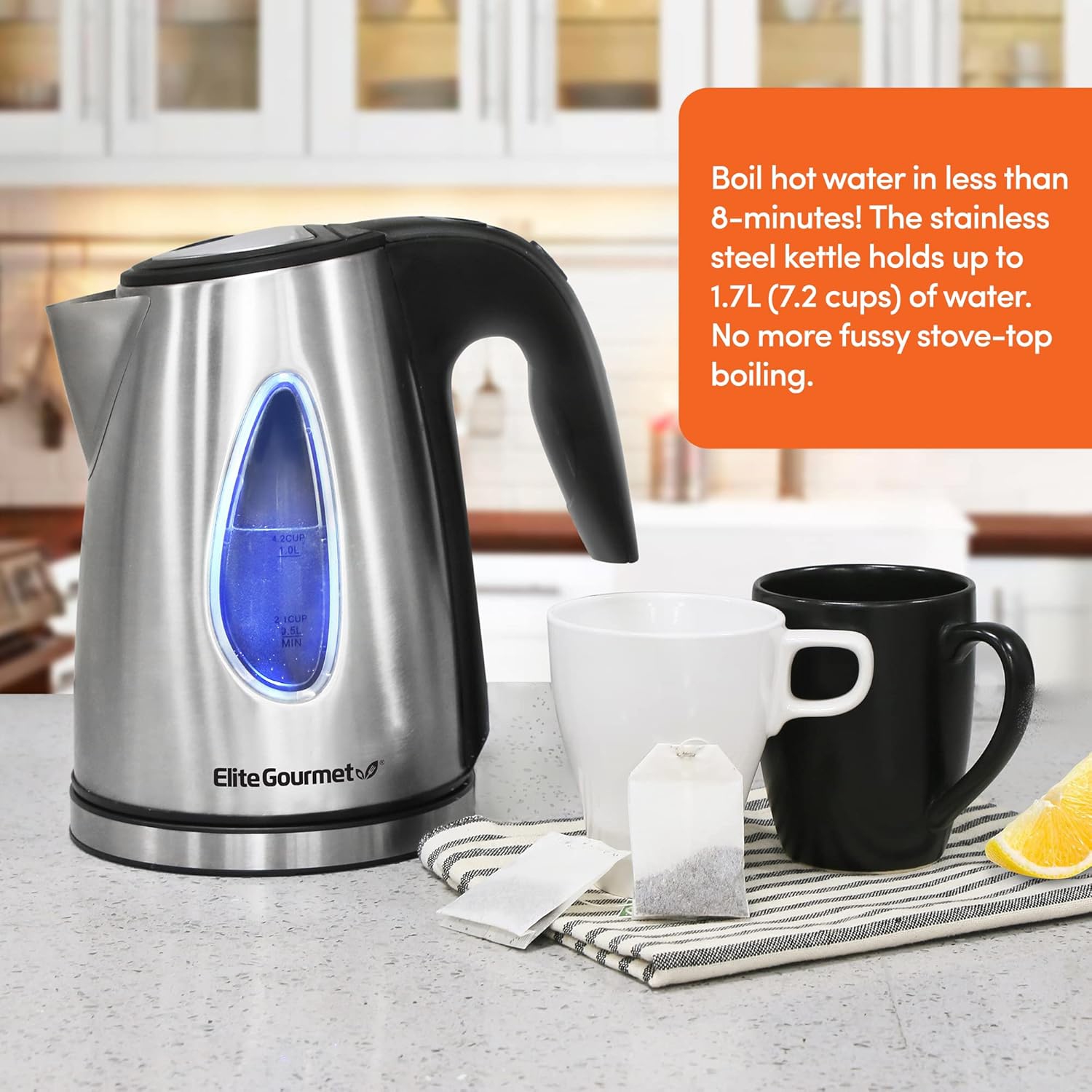 Elite Gourmet 1.7L Stainless Steel Electric Kettle, Cordless, Auto Shut-Off, Blue LED Interior, 1100W