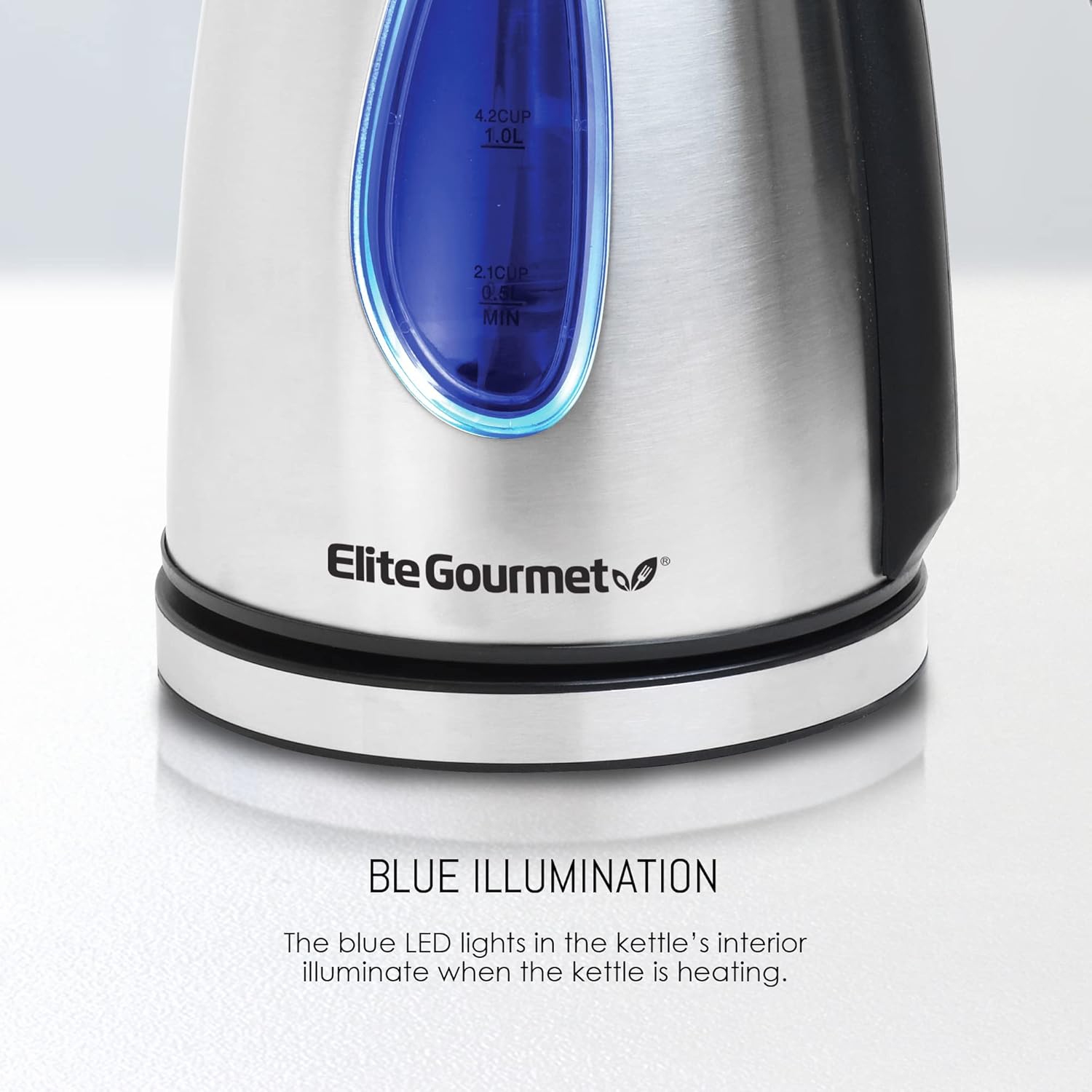 Elite Gourmet 1.7L Stainless Steel Electric Kettle, Cordless, Auto Shut-Off, Blue LED Interior, 1100W