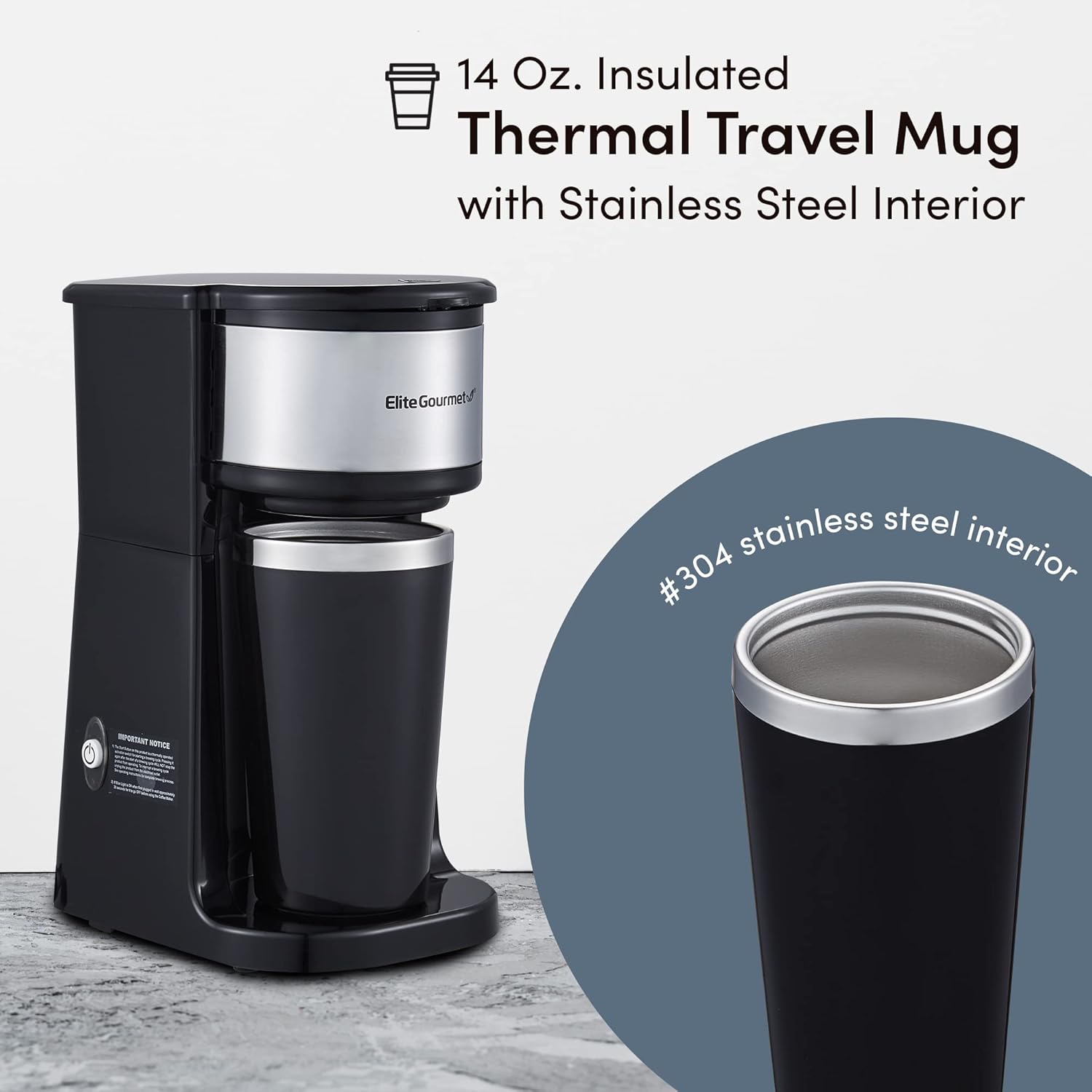 Elite Gourmet EHC112 Personal Single-Serve Coffee Maker with 14Oz. Stainless Steel Travel Mug and Reusable Filter