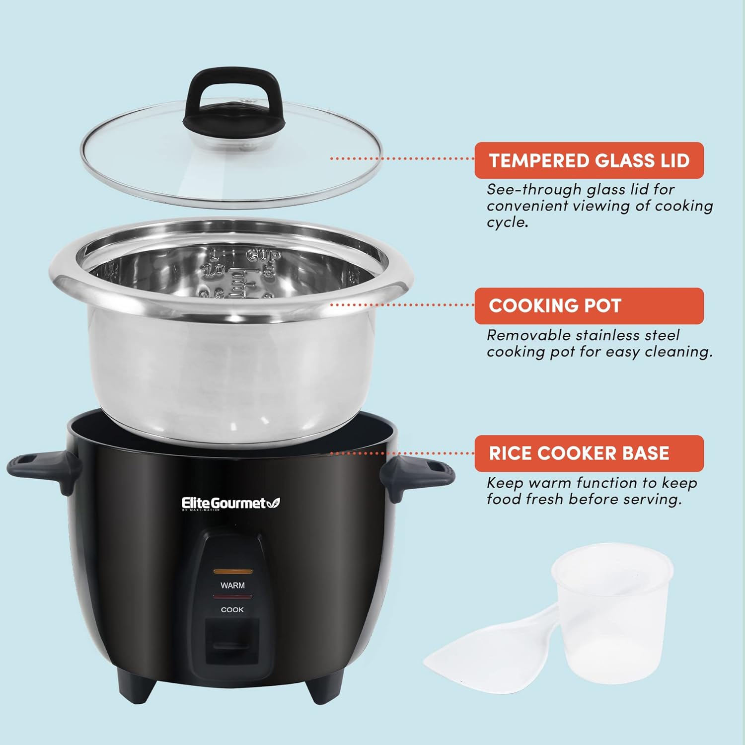 Elite Gourmet ERC2010B 10-Cup Rice Cooker with Stainless Steel Inner Pot and Keep Warm Feature