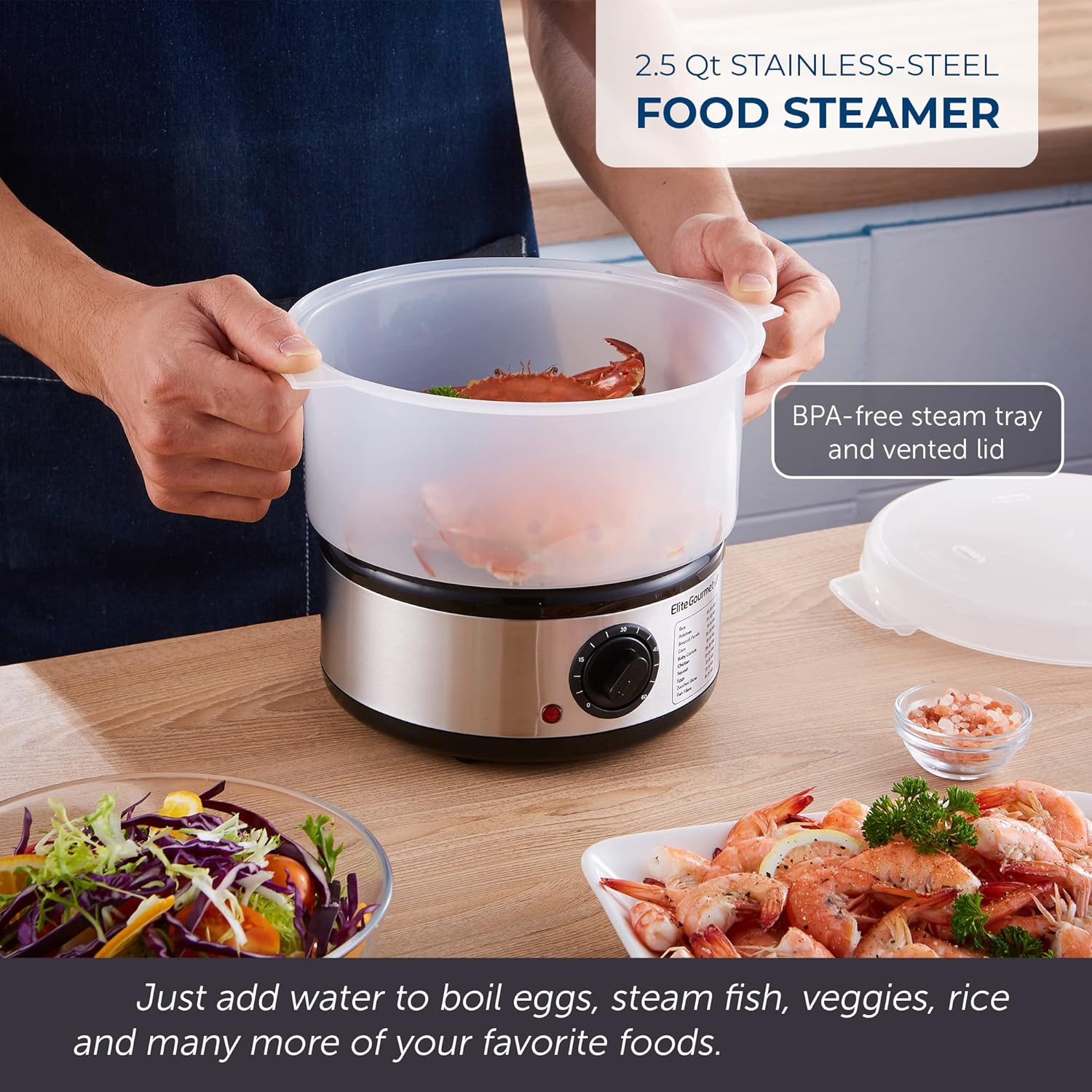 Elite Gourmet EST250 2.5 Quart Electric Food Steamer with 400W Power, Auto Shut-Off, and Timer