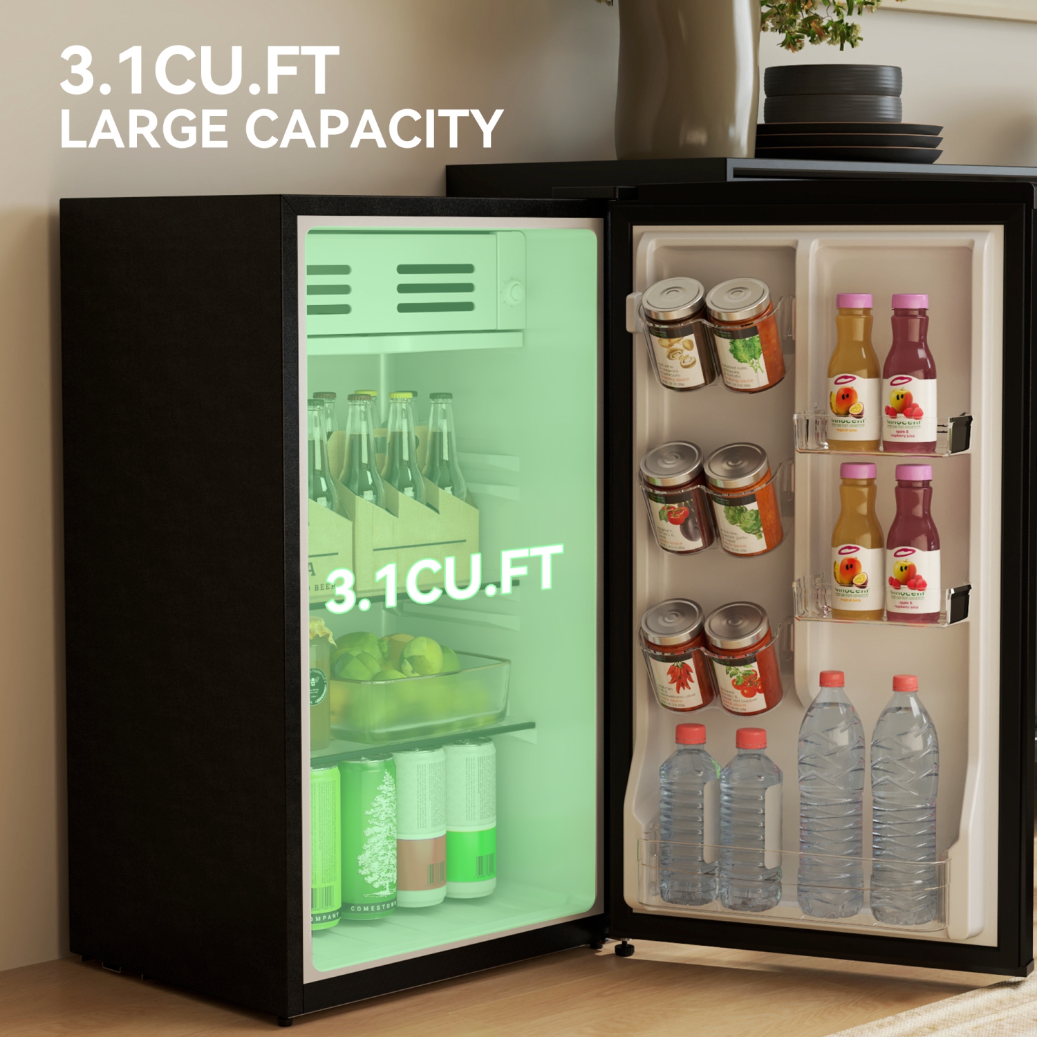 HOMCOM Mini Fridge with Chiller, 3.1 Cu. Ft Single Door Retro Compact Refrigerator with Adjustable Thermostat, 2 Glass Shelves, Interior Light for