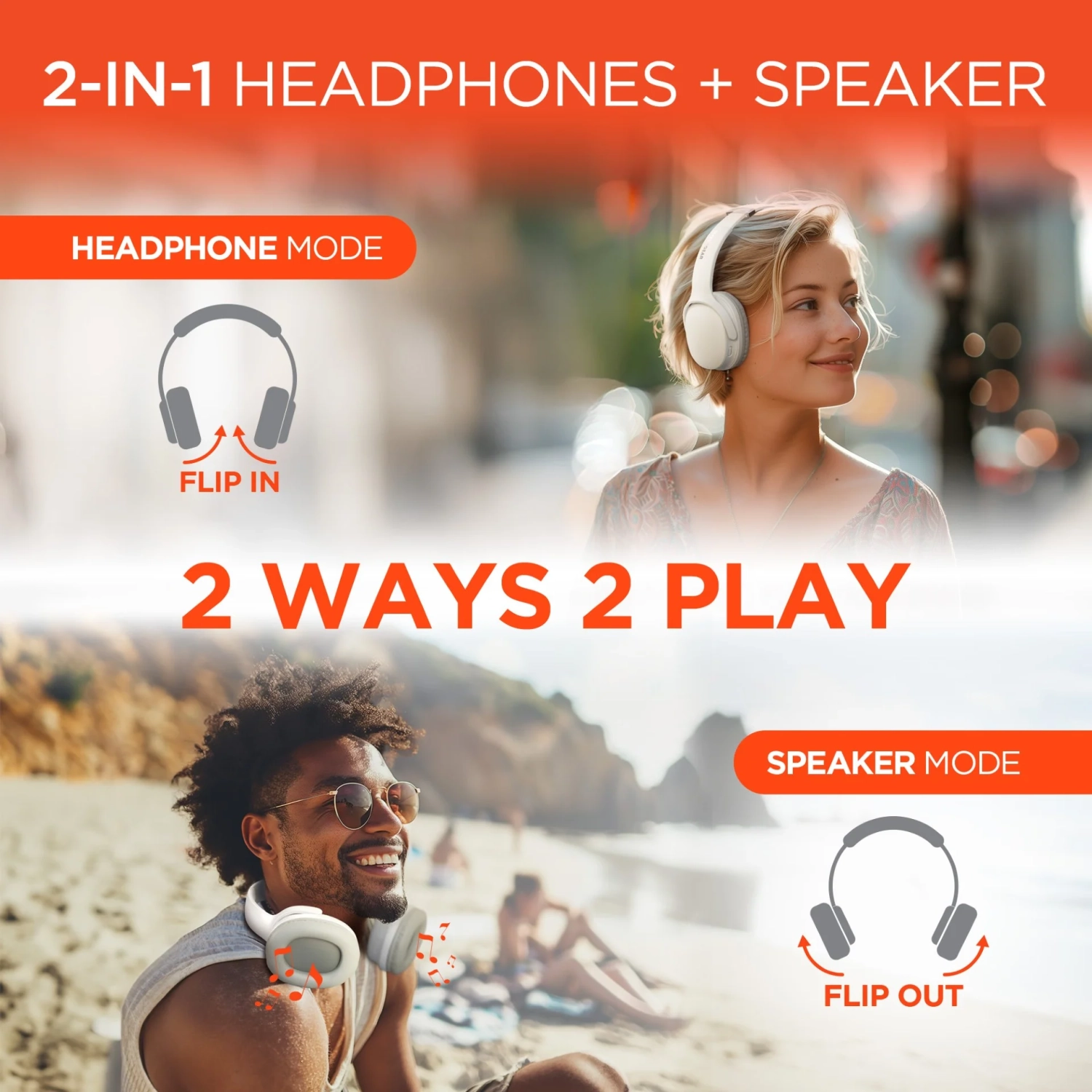 HyperGear Bluetooth Headset &amp; Speakers 2-in-1 Design Flip Out to Create Speakers 3W Dynamic Bass Mic Over Ear Memory Foam – White