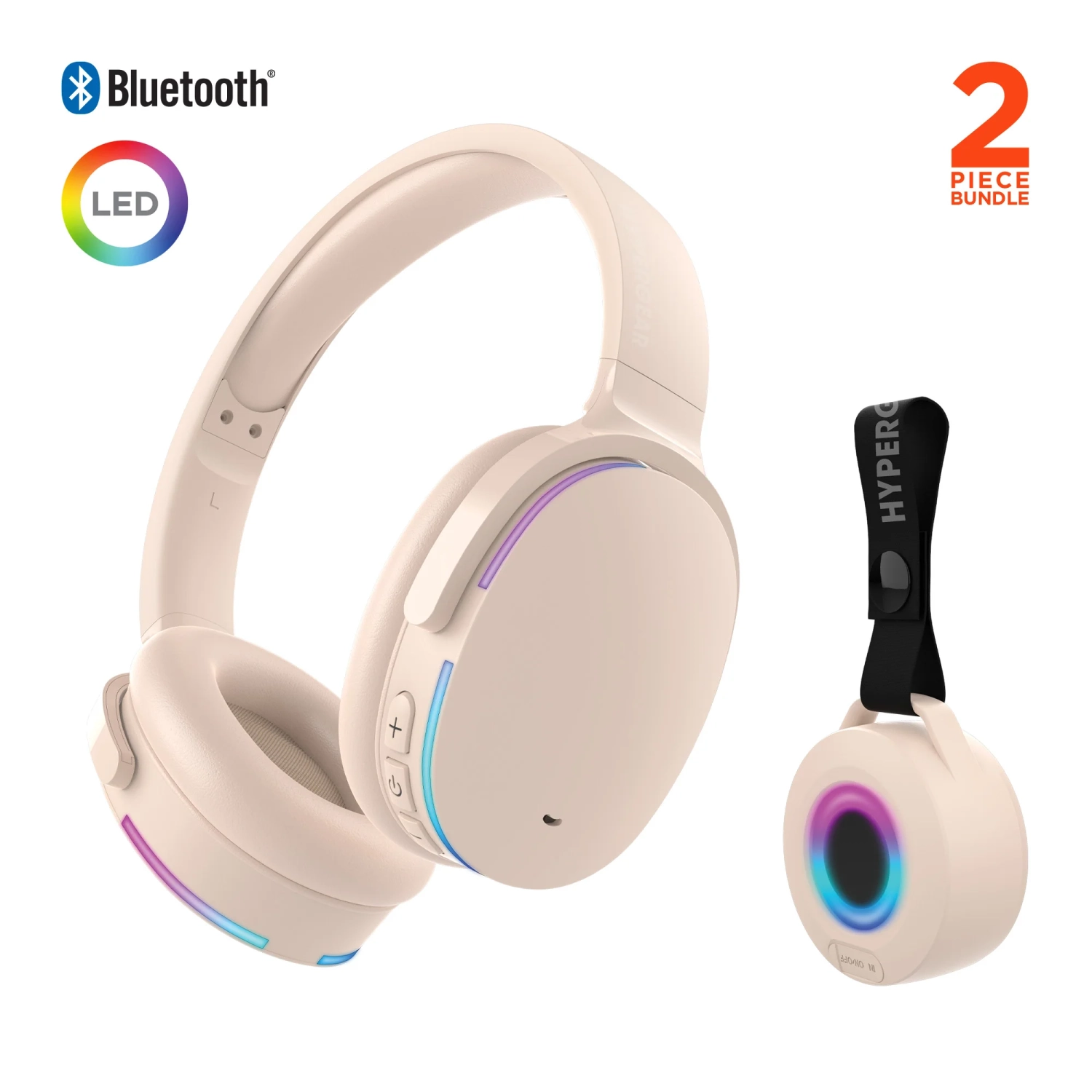 HyperGear Audio Essentials Duo – Bone – 2 Pack Gift Set Bluetooth Headphone & Speaker 5W – HD Sound Vibrant LED Lights Speaker w Carry Strap Foldable & Portable Headphones