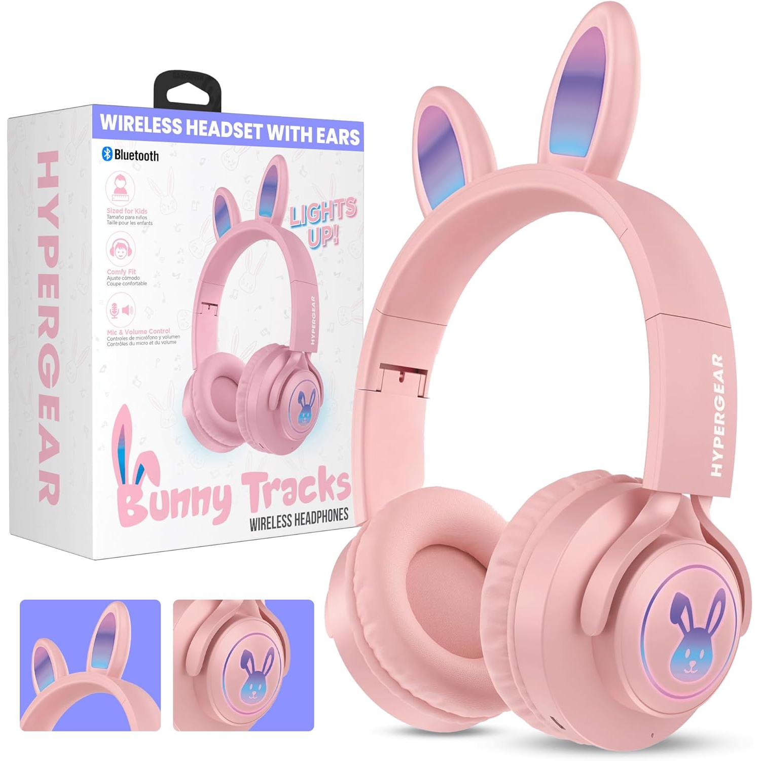 HyperGear Headphones Bluetooth Bunny Tracks Built in Mic Soft Memory Foam Ear Cushions Foldable Design 10hr Play Time – Pink