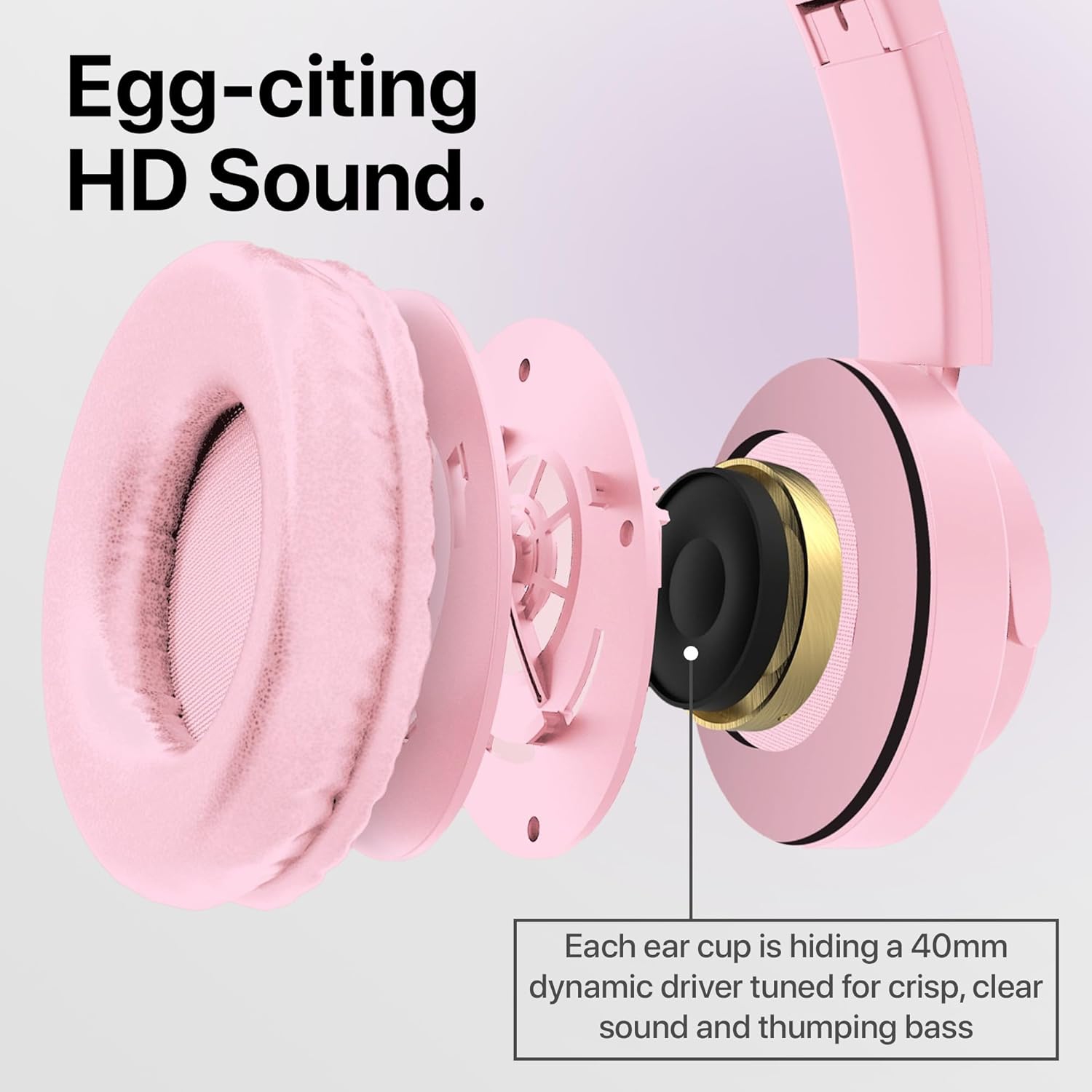 HyperGear Headphones Bluetooth Bunny Tracks Built in Mic Soft Memory Foam Ear Cushions Foldable Design 10hr Play Time – Pink