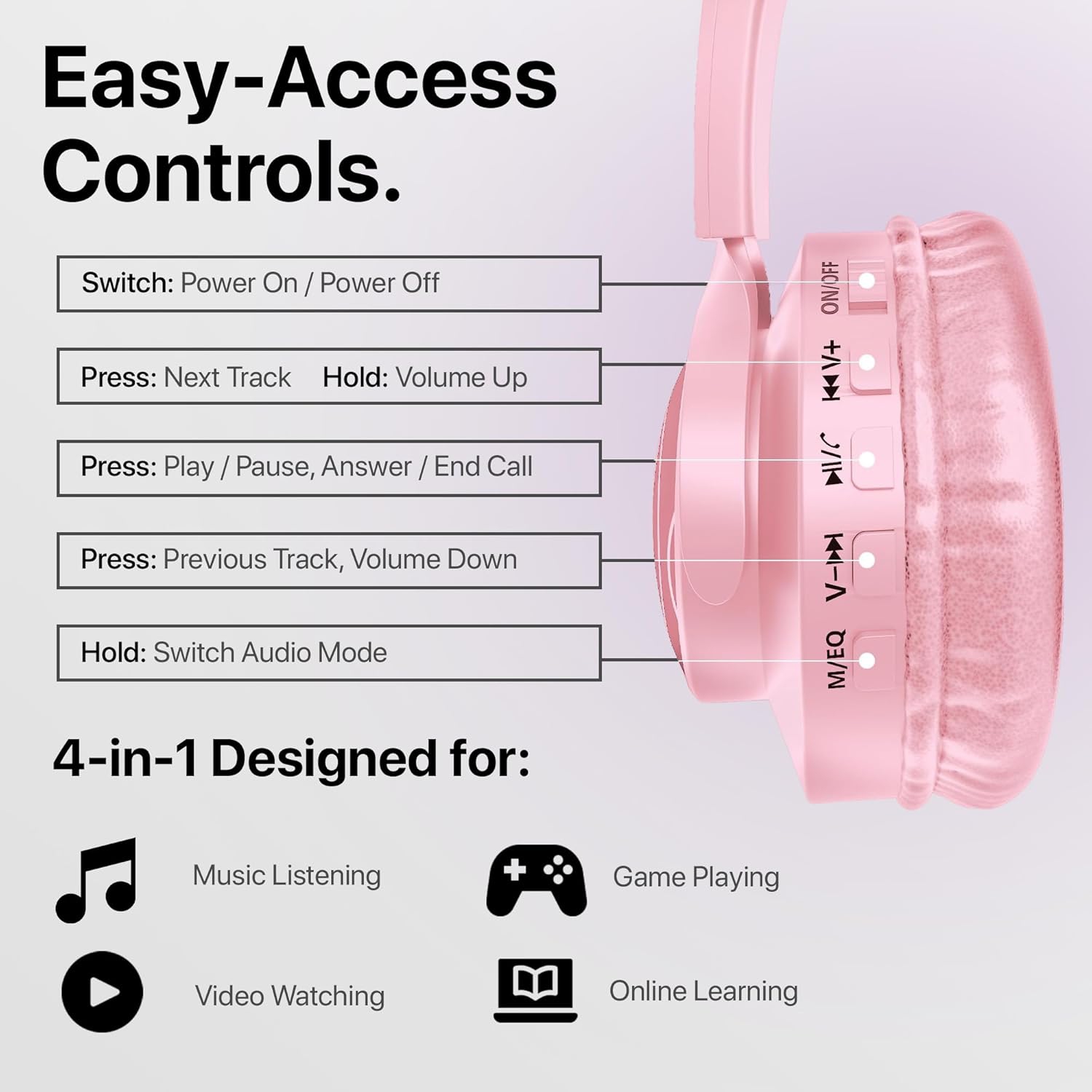 HyperGear Headphones Bluetooth Bunny Tracks Built in Mic Soft Memory Foam Ear Cushions Foldable Design 10hr Play Time – Pink