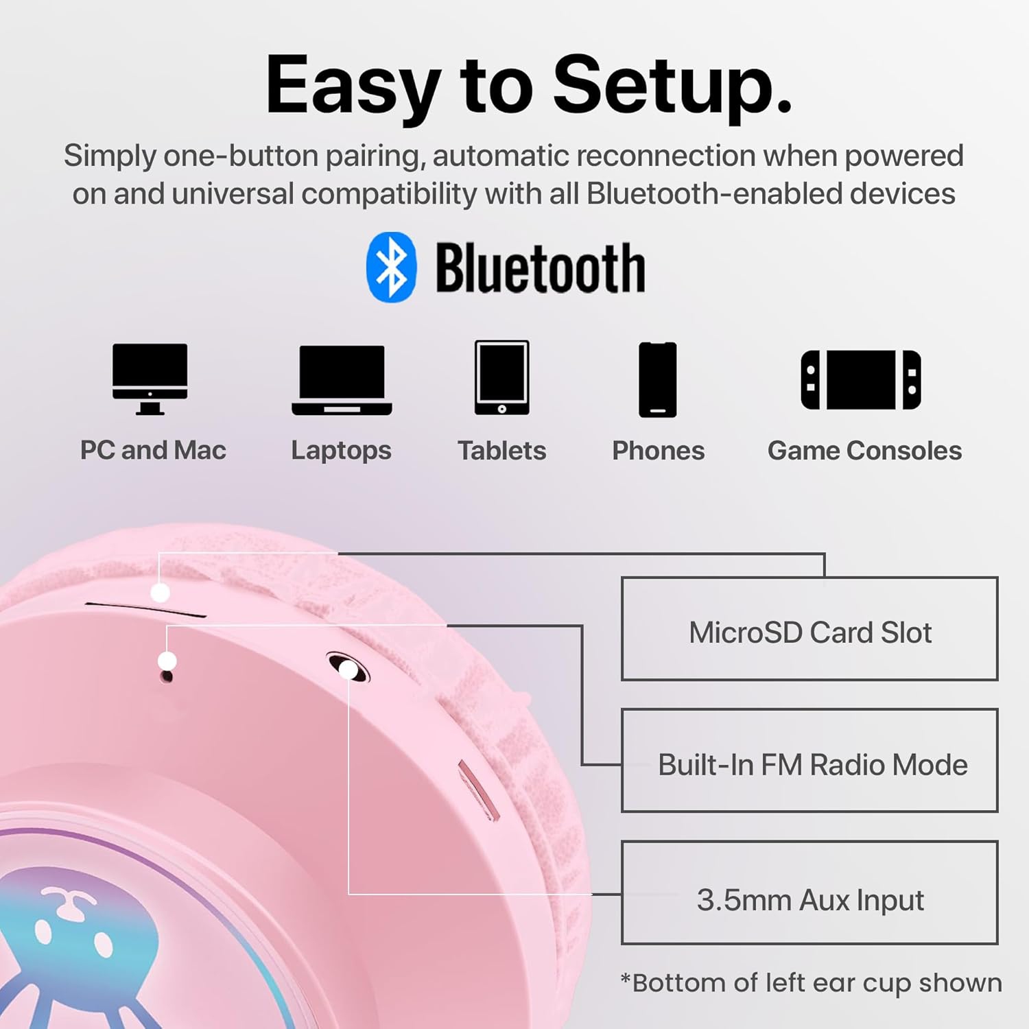 HyperGear Headphones Bluetooth Bunny Tracks Built in Mic Soft Memory Foam Ear Cushions Foldable Design 10hr Play Time – Pink