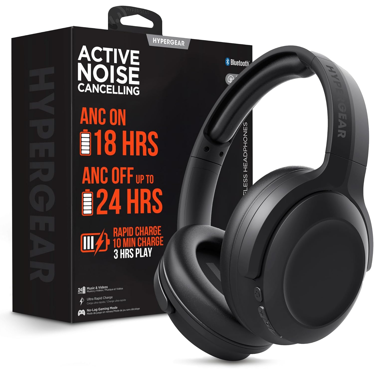 HyperGear Headphones Bluetooth Stealth 2 Active Noise Cancelling Built in Mic 18hr Play Time Over the Ear Comfort Mulitpoint Connection – Black