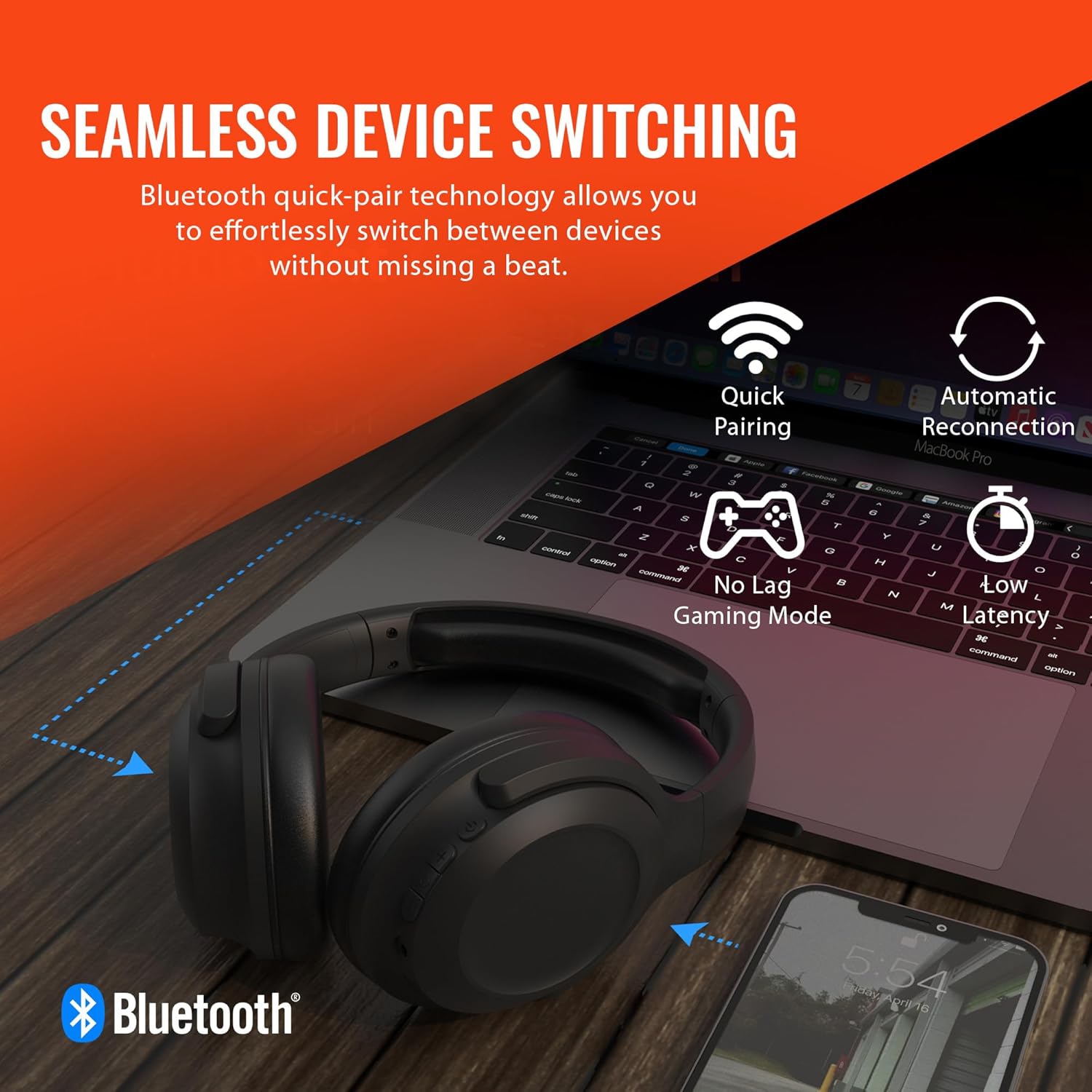 HyperGear Headphones Bluetooth Stealth 2 Active Noise Cancelling Built in Mic 18hr Play Time Over the Ear Comfort Mulitpoint Connection – Black