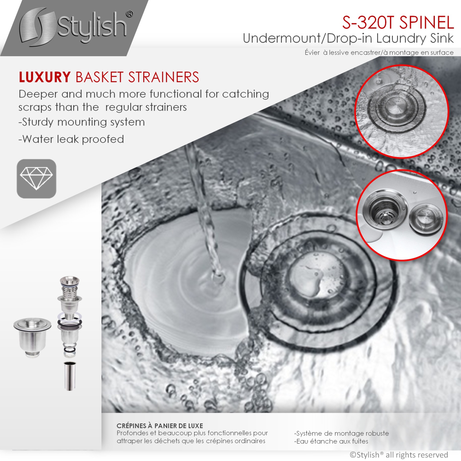 22 Inches Dual Mount Single Bowl Laundry Sink by Stylish,18 Gauge Stainless Steel,10mm Radius Corners, Premium Strainer,S-320T