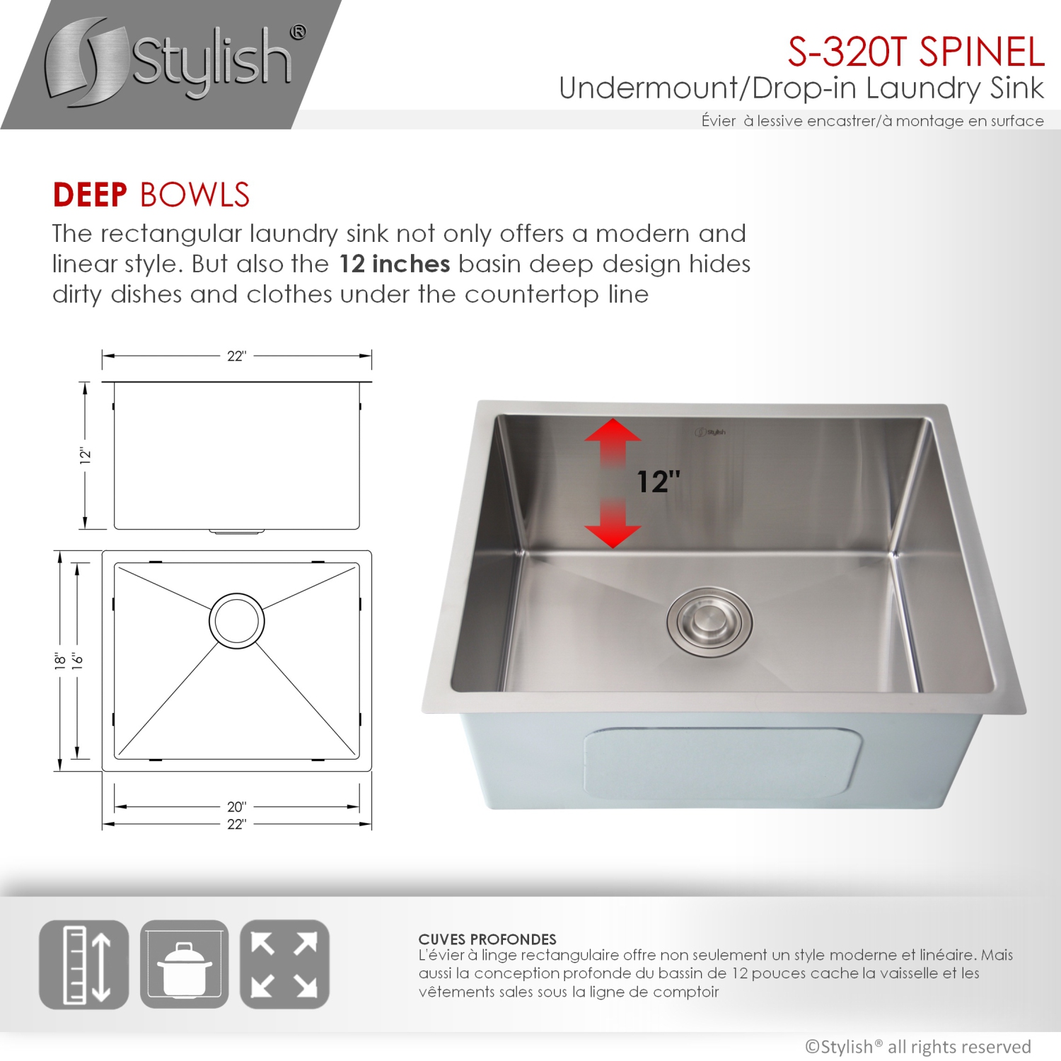 22 Inches Dual Mount Single Bowl Laundry Sink by Stylish,18 Gauge Stainless Steel,10mm Radius Corners, Premium Strainer,S-320T