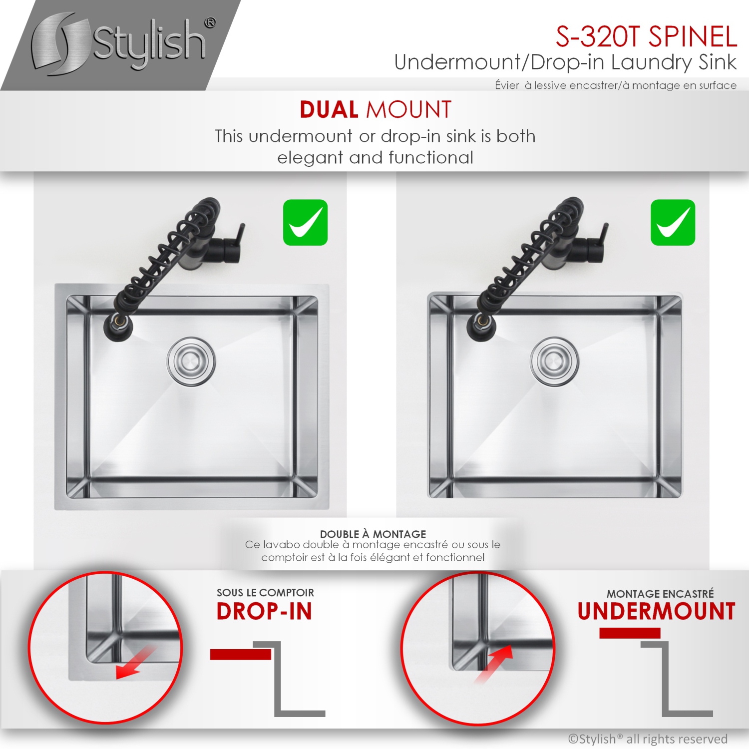22 Inches Dual Mount Single Bowl Laundry Sink by Stylish,18 Gauge Stainless Steel,10mm Radius Corners, Premium Strainer,S-320T