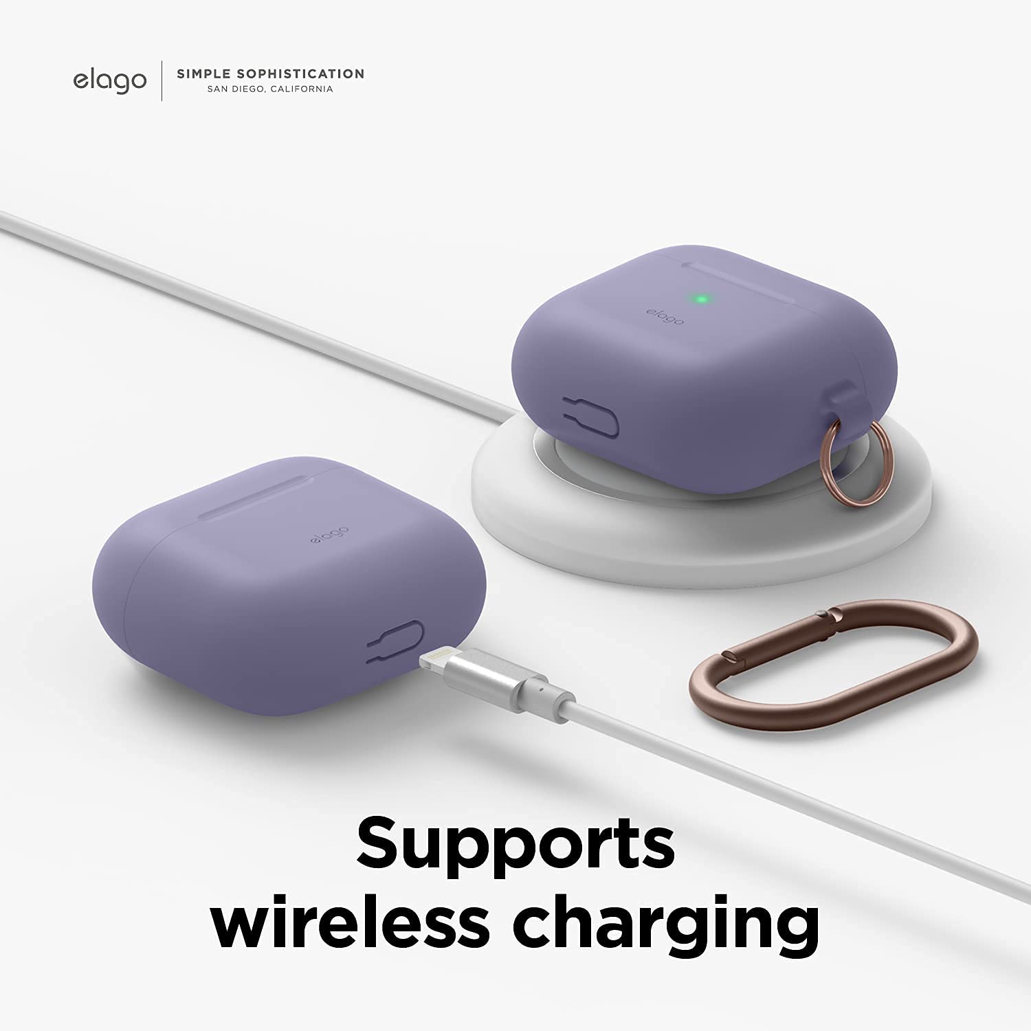 Étui en silicone Elago compatible avec les AirPods 3ᵉ génération - Mousqueton inclus, prise en charge du chargement sans fil, résistant aux chocs,