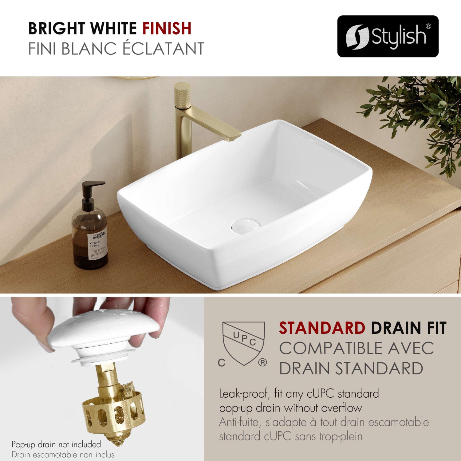19"W x 13.38"D White Porcelain Rectangular Vessel Sink