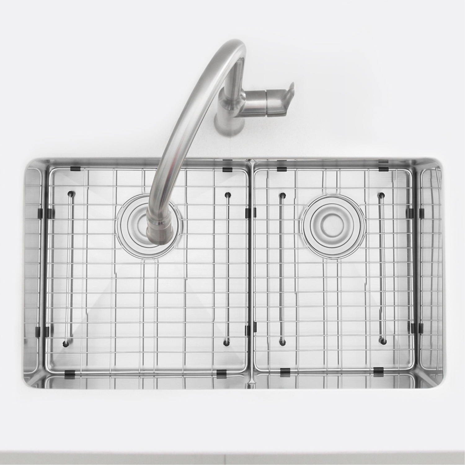32 inches Double Bowl Slim Low Divider Kitchen Sink, 16G Stainless Steel with Grids and Basket Strainers